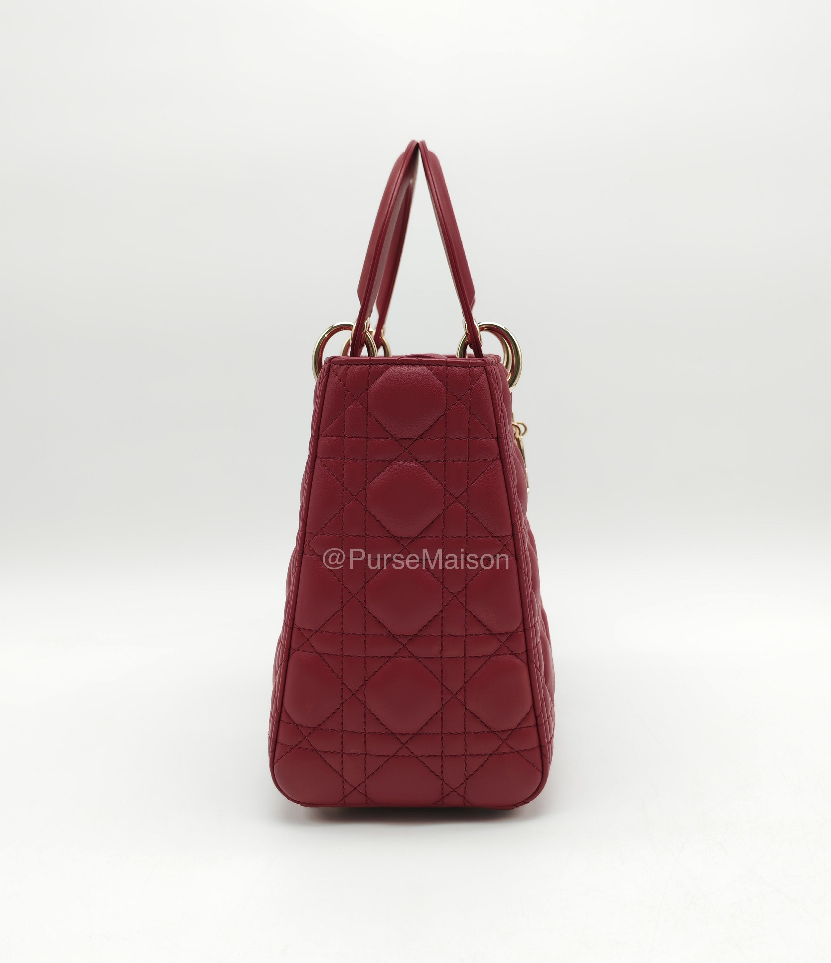 Christian Dior Lady Dior Medium in Dark Red Cannage Quilted Lambskin Leather and Light Gold Hardware