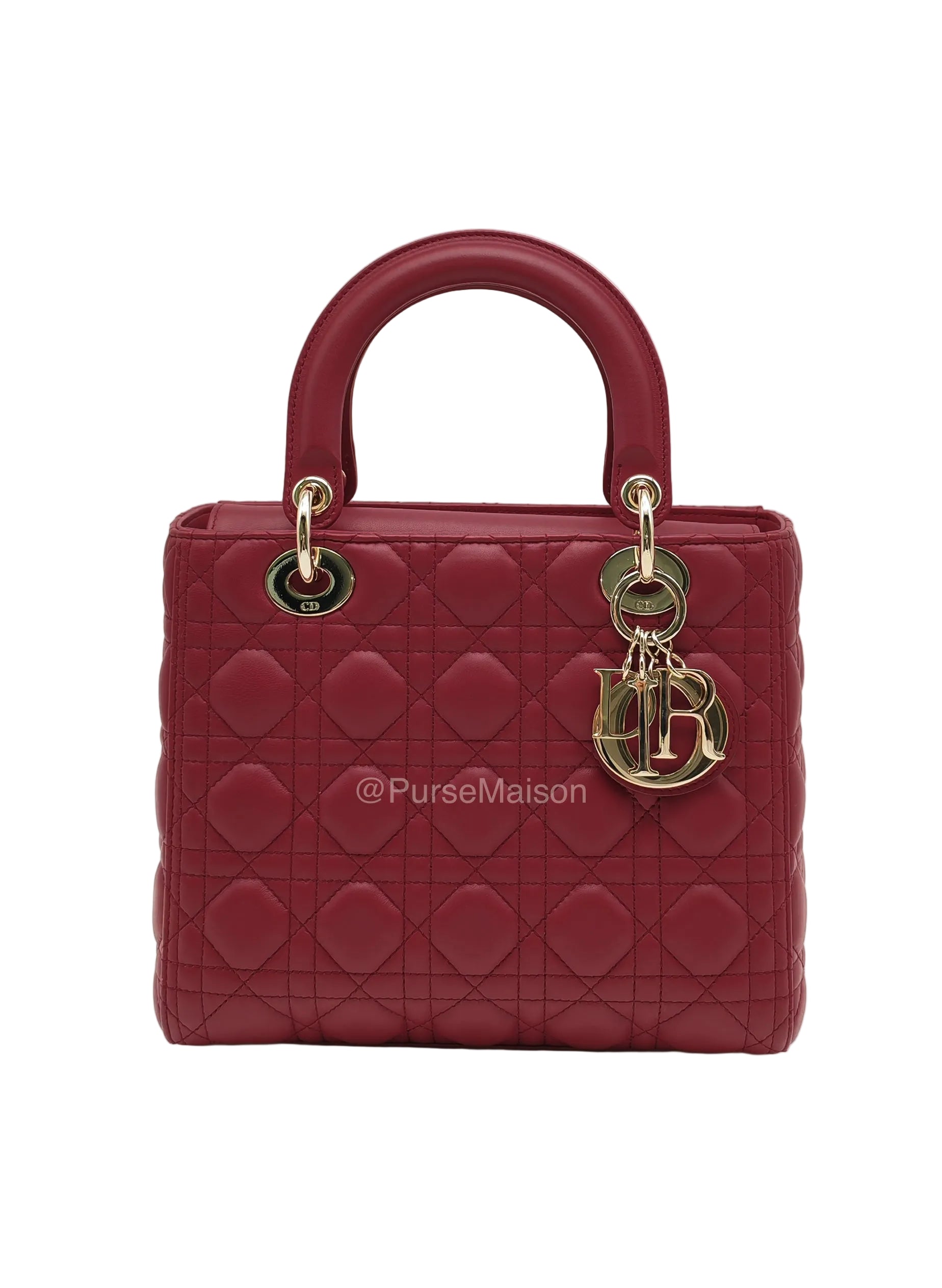 Christian Dior Lady Dior Medium in Dark Red Cannage Quilted Lambskin Leather and Light Gold Hardware