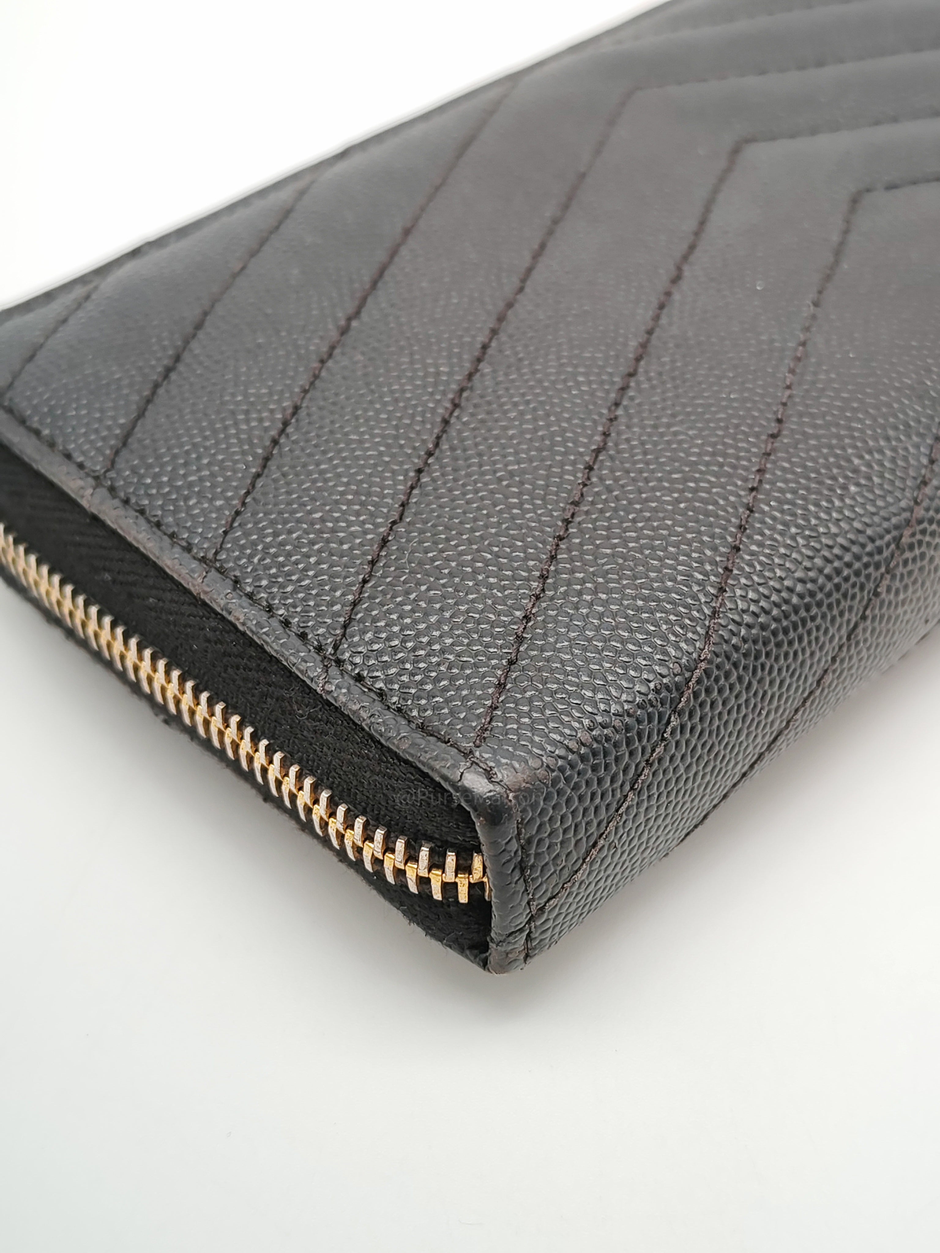 Yves Saint Laurent Cassandre Zip-Around Wallet in Black Chevron Quilted Matelasse Grained de Poudre Leather and Gold Hardware