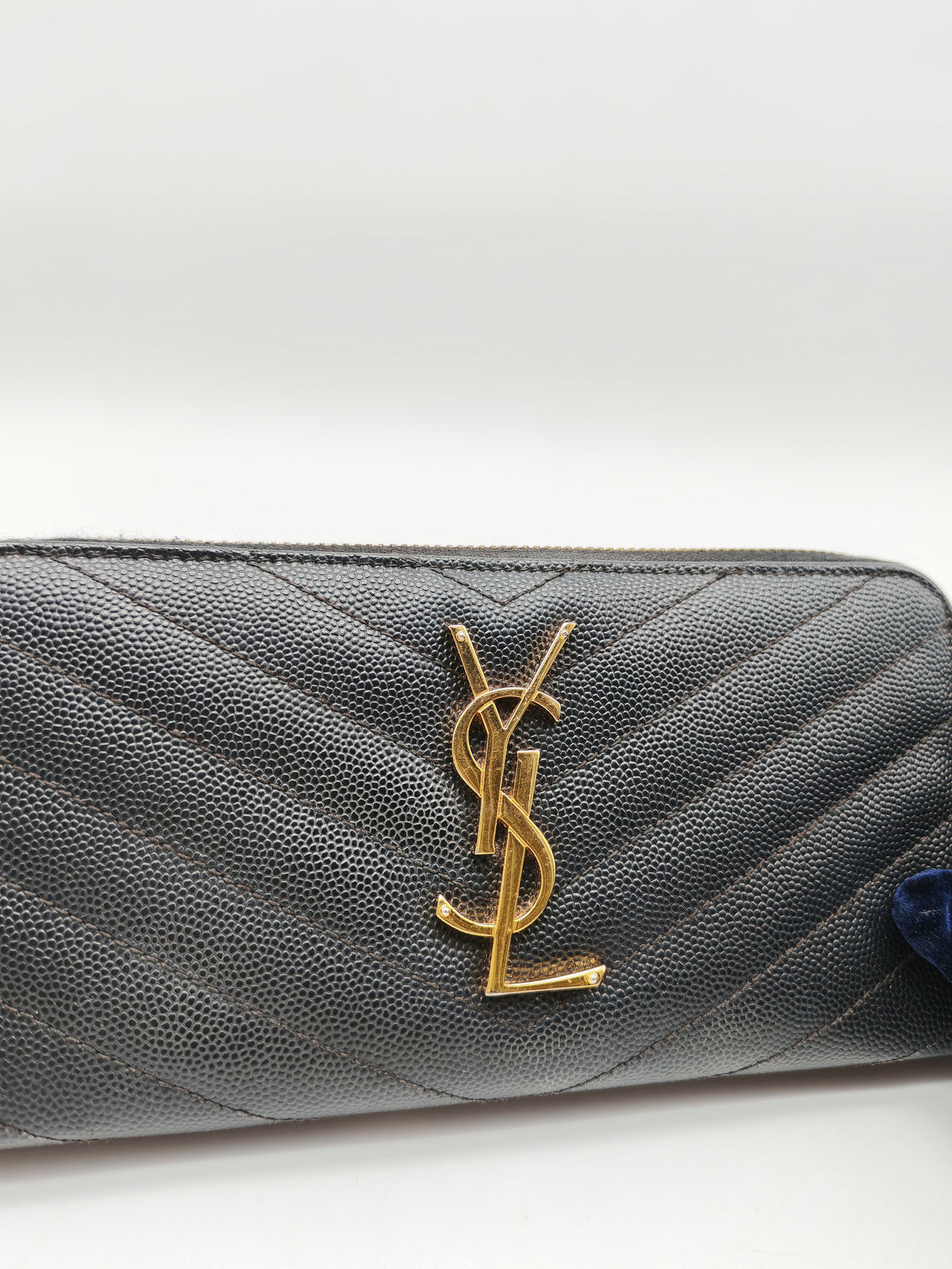Yves Saint Laurent Cassandre Zip-Around Wallet in Black Chevron Quilted Matelasse Grained de Poudre Leather and Gold Hardware