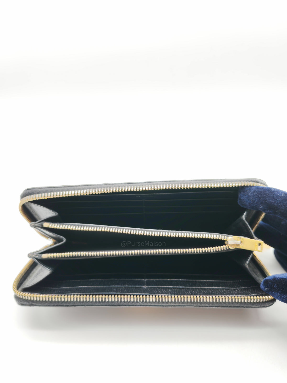 Yves Saint Laurent Cassandre Zip-Around Wallet in Black Chevron Quilted Matelasse Grained de Poudre Leather and Gold Hardware