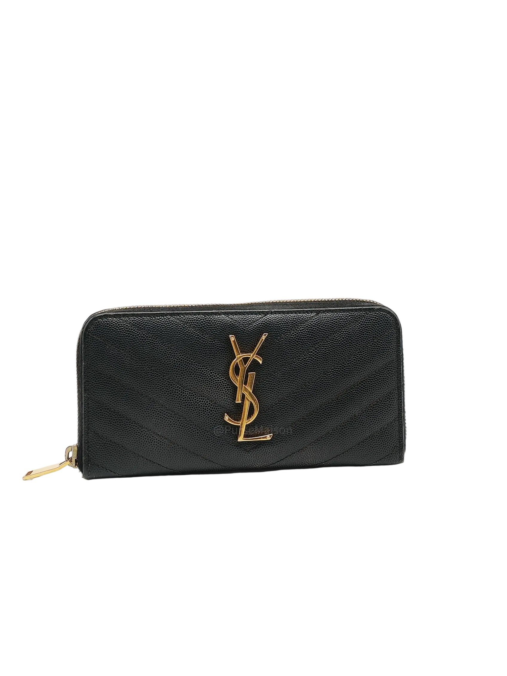 Yves Saint Laurent Cassandre Zip-Around Wallet in Black Chevron Quilted Matelasse Grained de Poudre Leather and Gold Hardware
