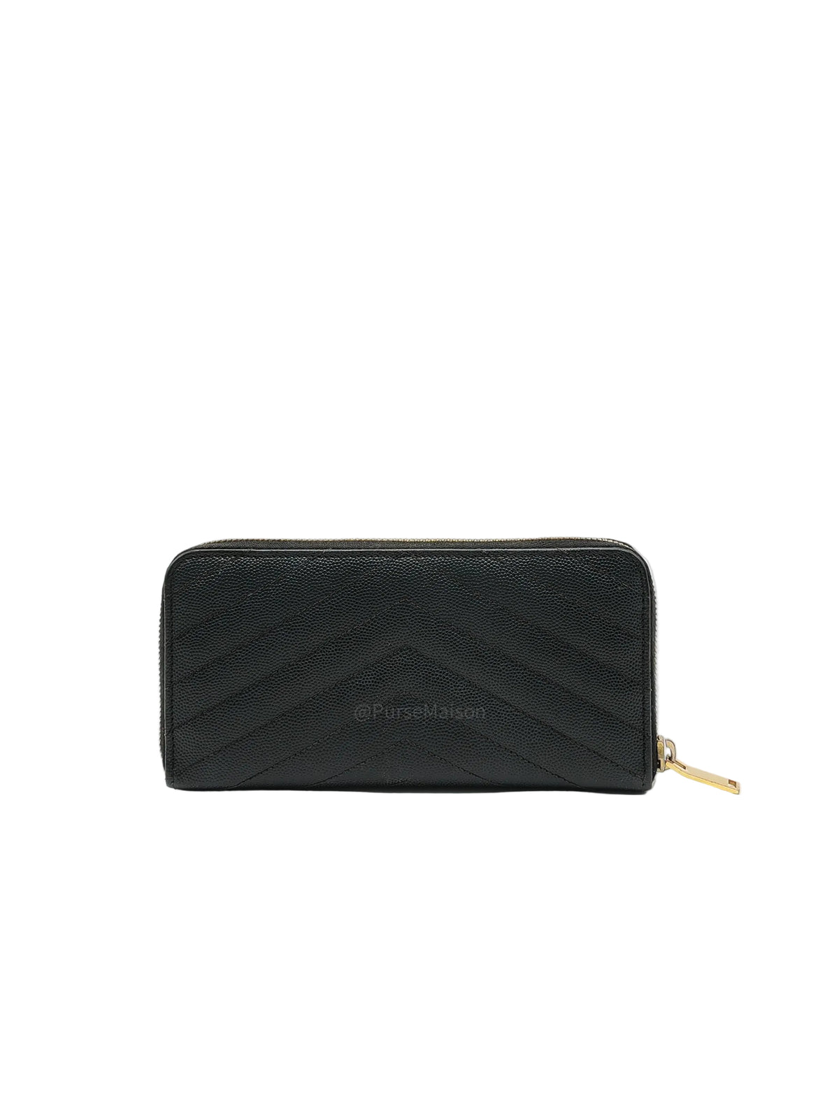 Yves Saint Laurent Cassandre Zip-Around Wallet in Black Chevron Quilted Matelasse Grained de Poudre Leather and Gold Hardware