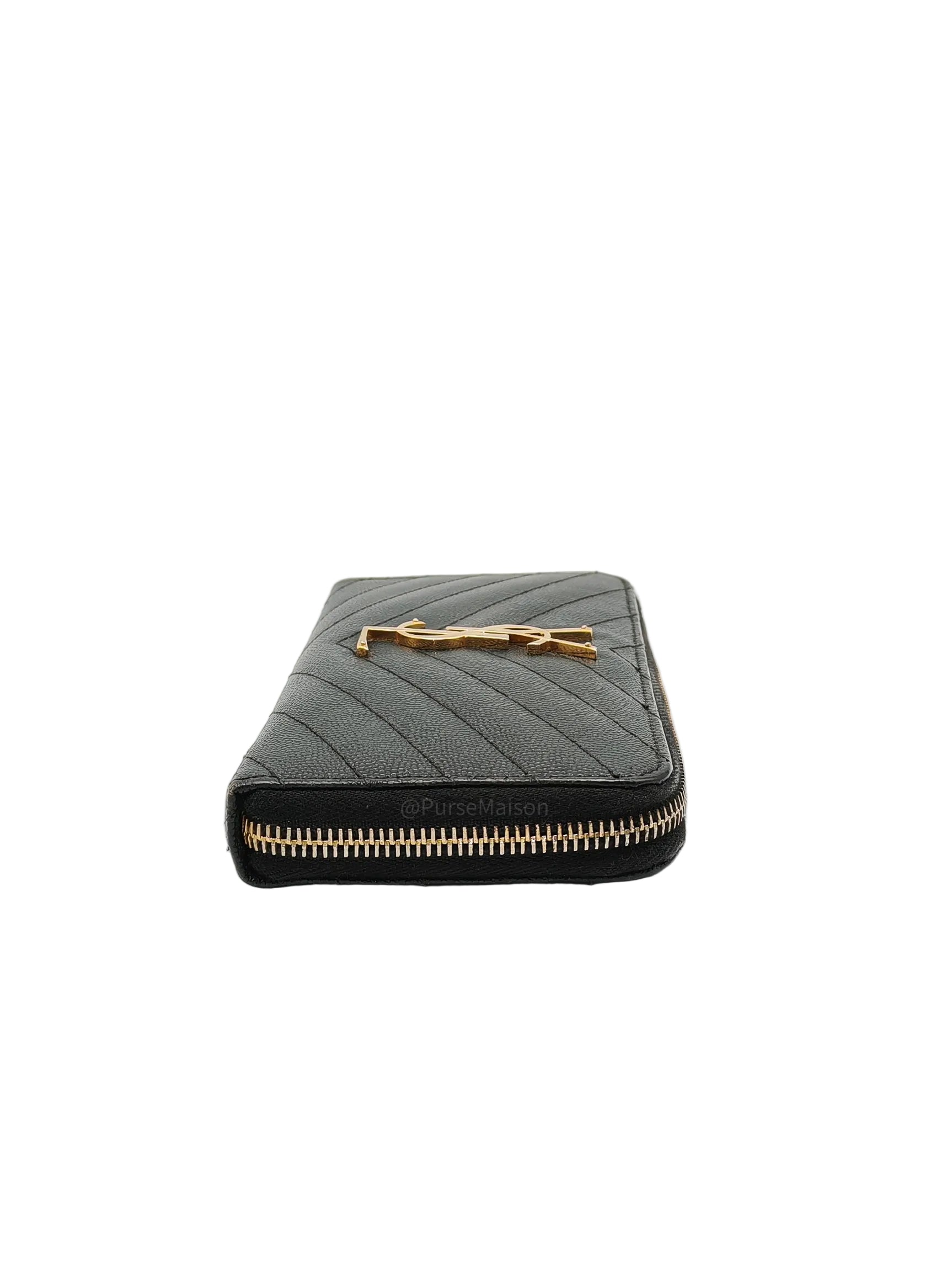 Yves Saint Laurent Cassandre Zip-Around Wallet in Black Chevron Quilted Matelasse Grained de Poudre Leather and Gold Hardware