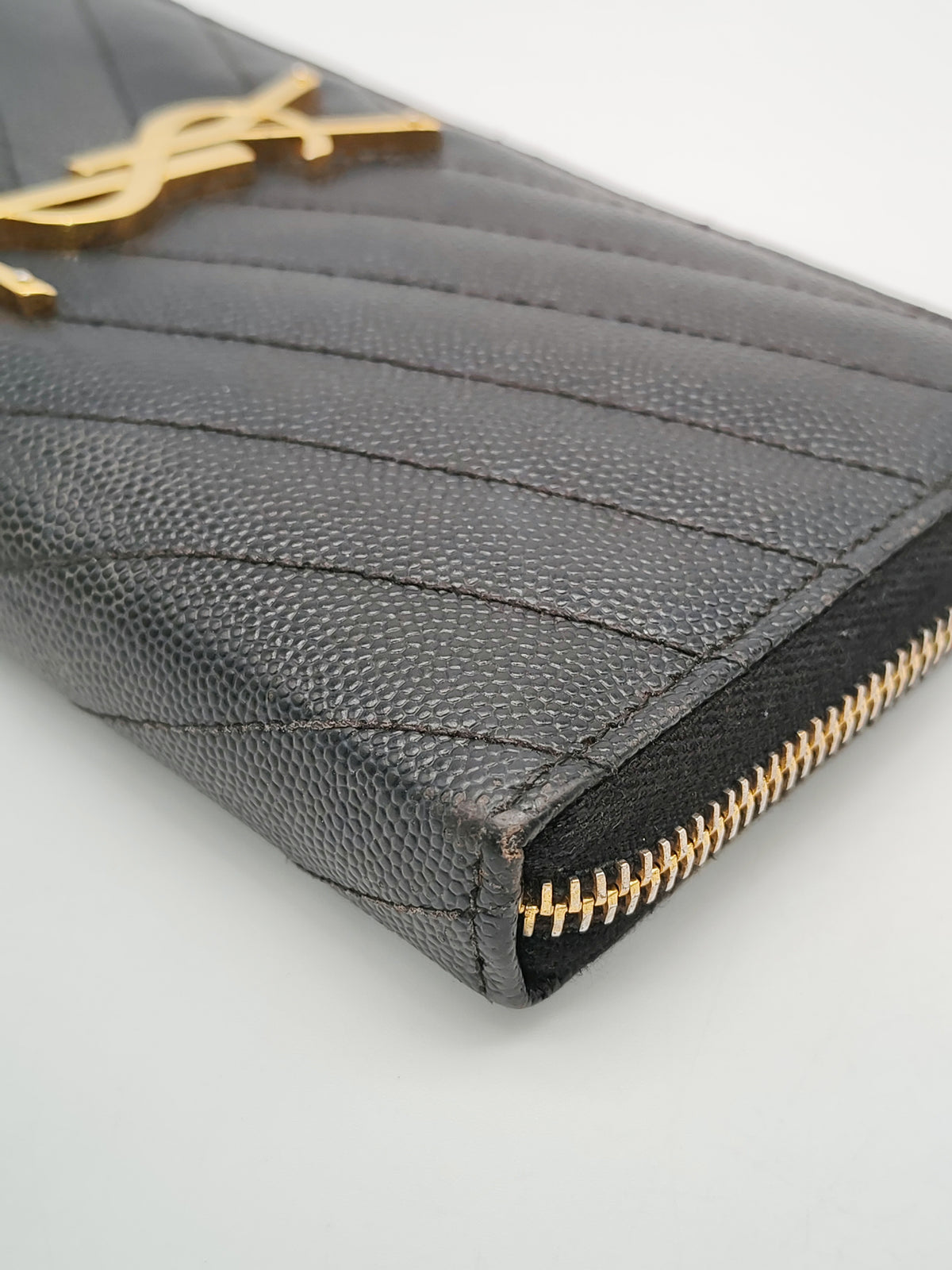 Yves Saint Laurent Cassandre Zip-Around Wallet in Black Chevron Quilted Matelasse Grained de Poudre Leather and Gold Hardware