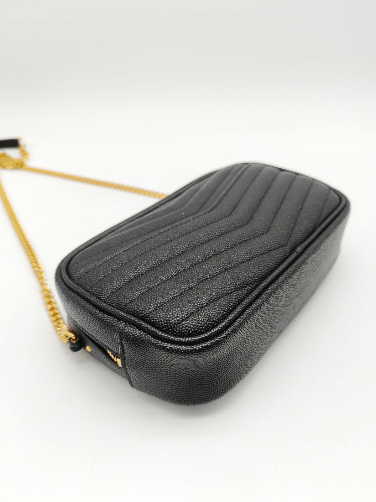 Saint Laurent Lou Mini Camera Bag in Black Chevron Quilted Grained Leather Gold Hardware