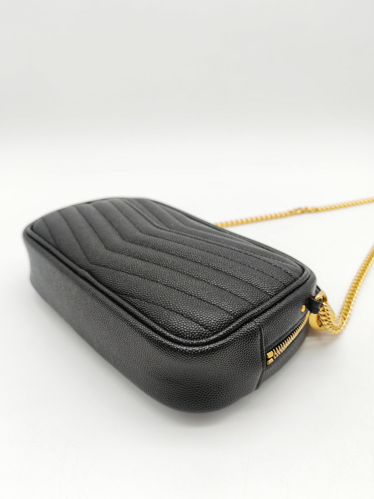 Saint Laurent Lou Mini Camera Bag in Black Chevron Quilted Grained Leather Gold Hardware
