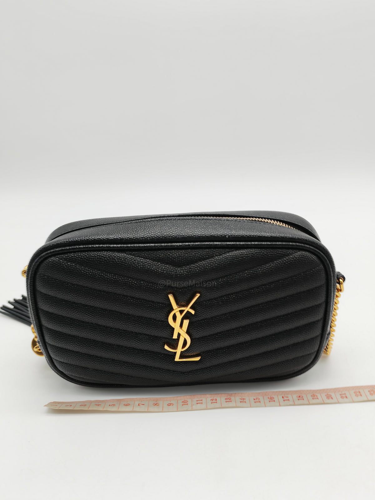 Saint Laurent Lou Mini Camera Bag in Black Chevron Quilted Grained Leather Gold Hardware