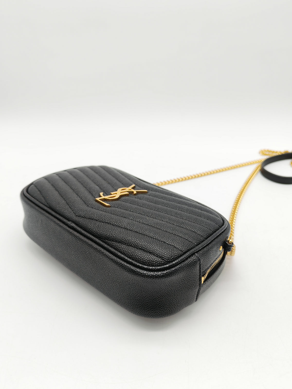 Saint Laurent Lou Mini Camera Bag in Black Chevron Quilted Grained Leather Gold Hardware