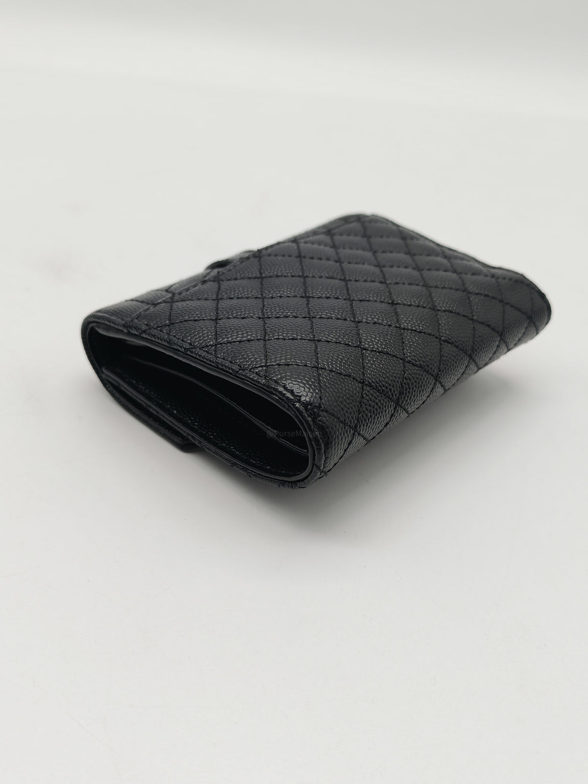 Yves Saint Laurent Envelope Tri-fold Wallet in Black Quilted Grained De Poudre Calfskin Leather and Gold Hardware