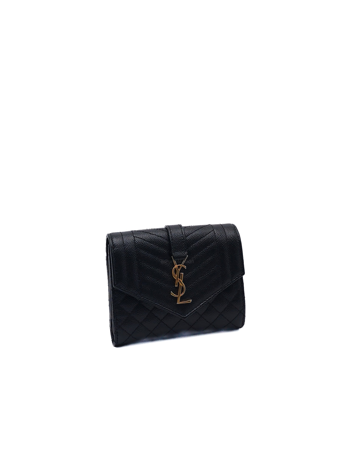 Yves Saint Laurent Envelope Tri-fold Wallet in Black Quilted Grained De Poudre Calfskin Leather and Gold Hardware