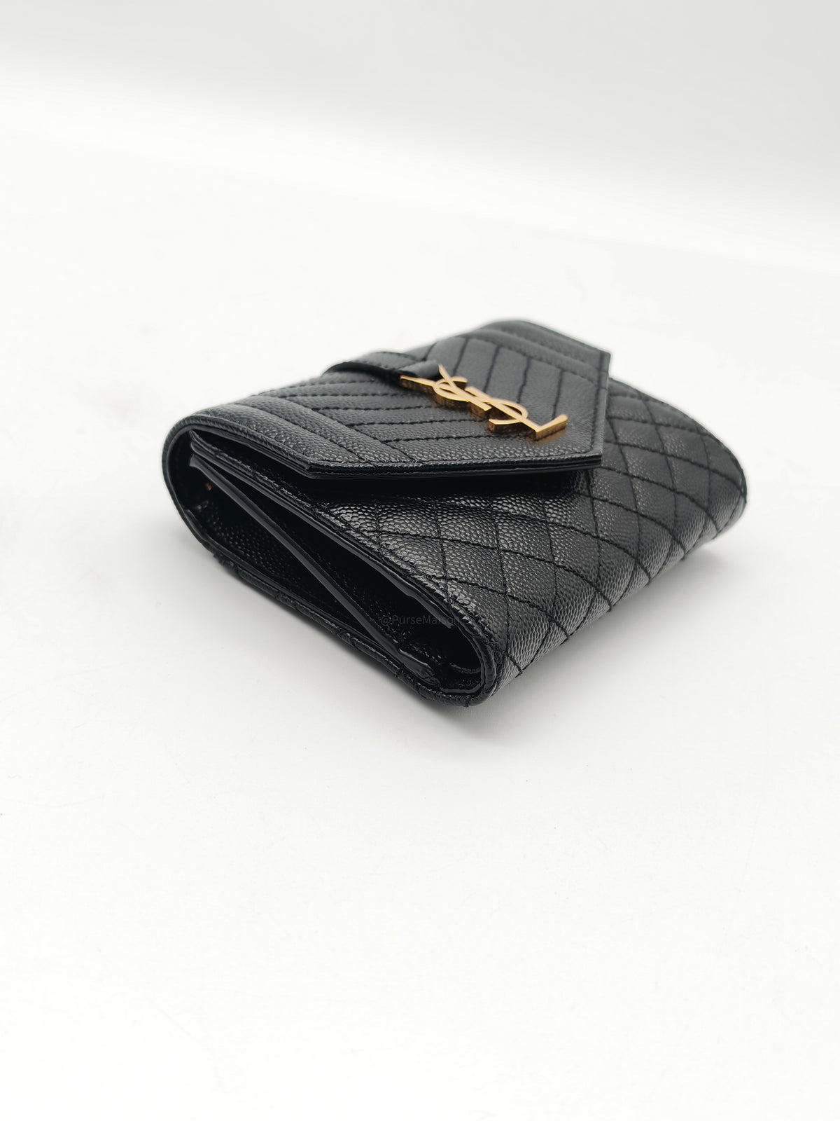 Yves Saint Laurent Envelope Tri-fold Wallet in Black Quilted Grained De Poudre Calfskin Leather and Gold Hardware