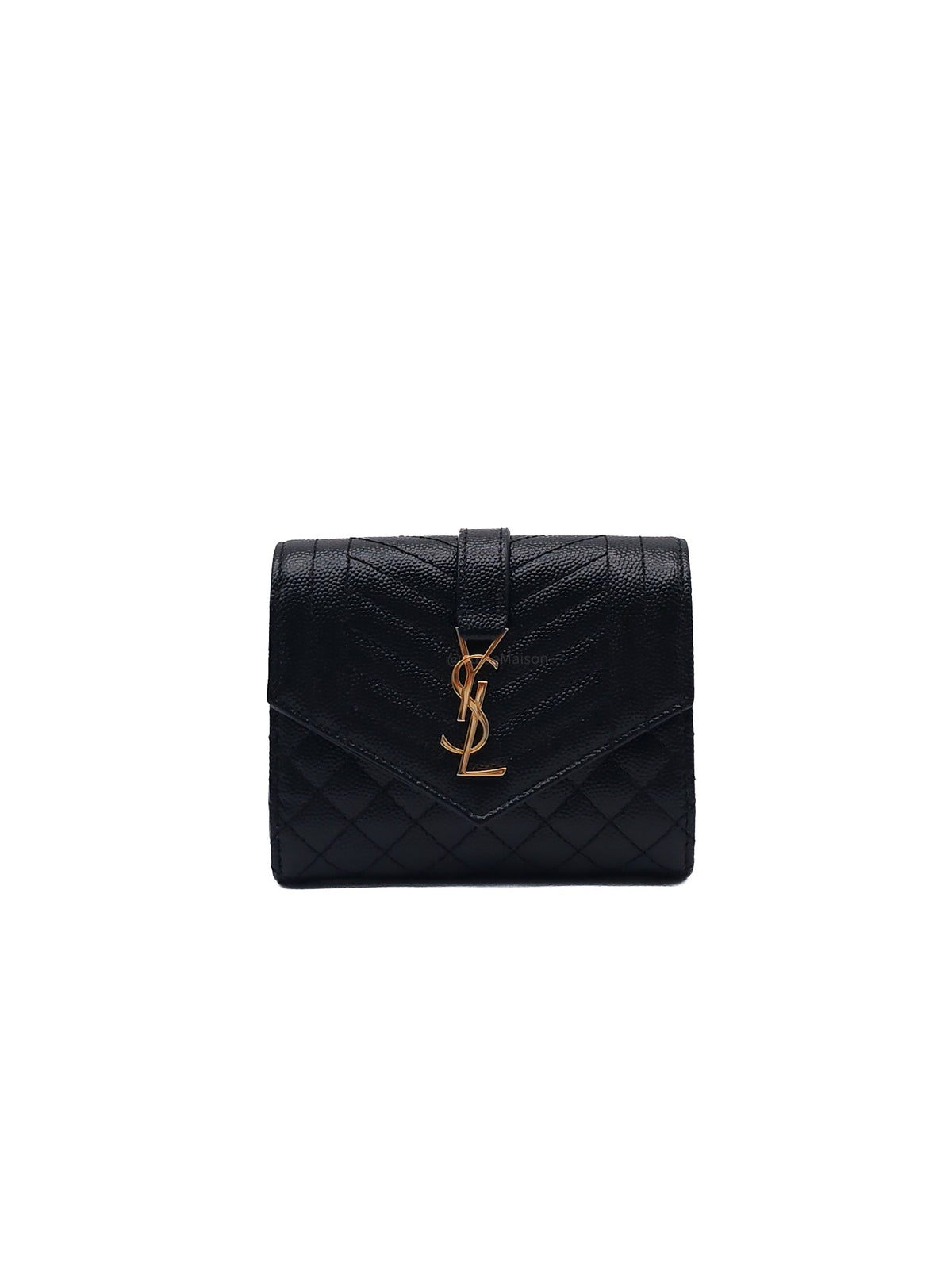 Yves Saint Laurent Envelope Tri-fold Wallet in Black Quilted Grained De Poudre Calfskin Leather and Gold Hardware
