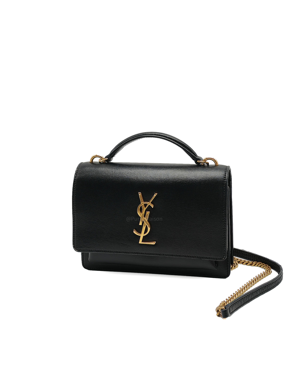 Yves Saint Laurent Sunset Mini Top Handle Bag in Black Calfskin Leather and Gold Hardware
