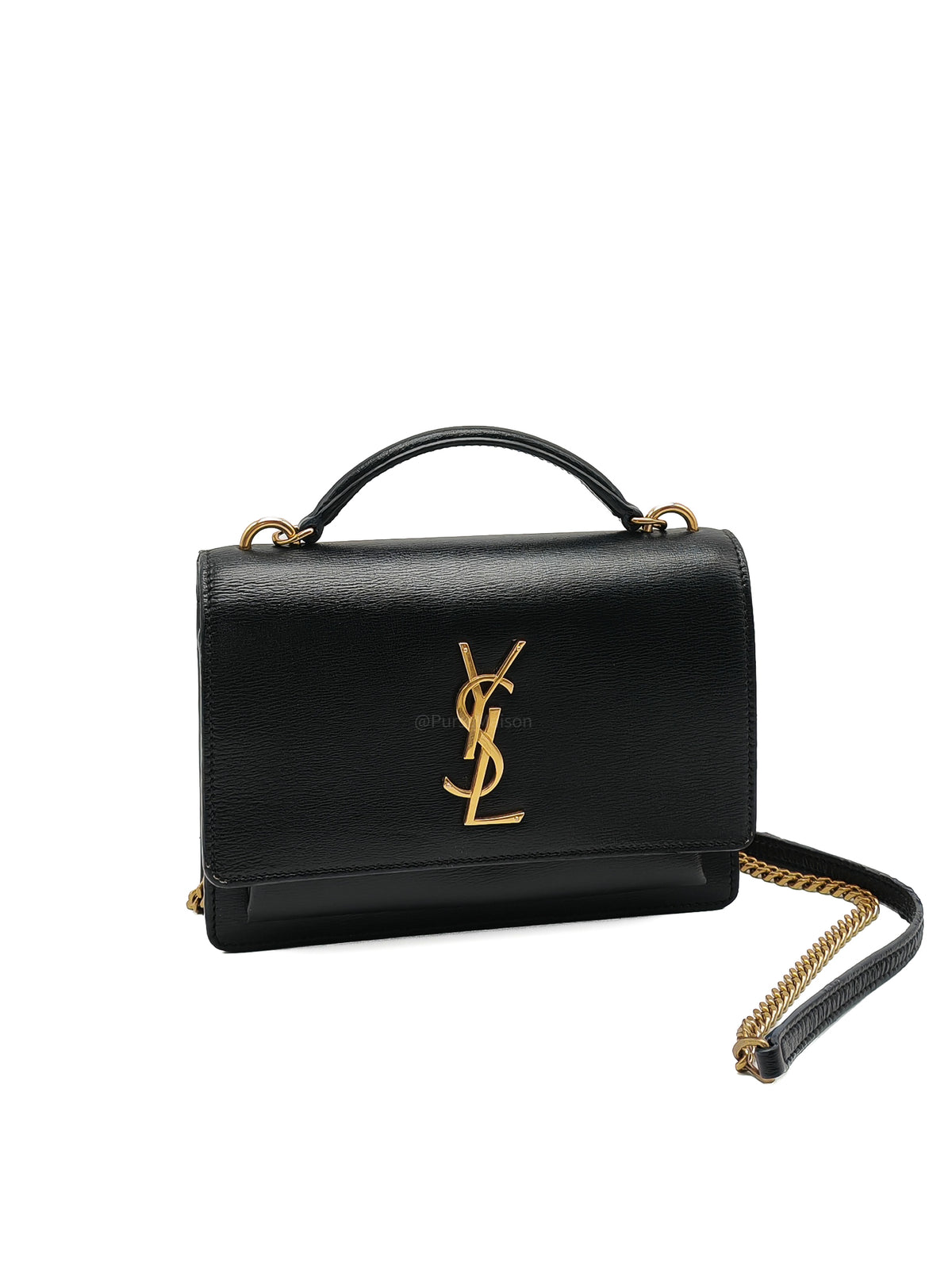 Yves Saint Laurent Sunset Mini Top Handle Bag in Black Calfskin Leather and Gold Hardware