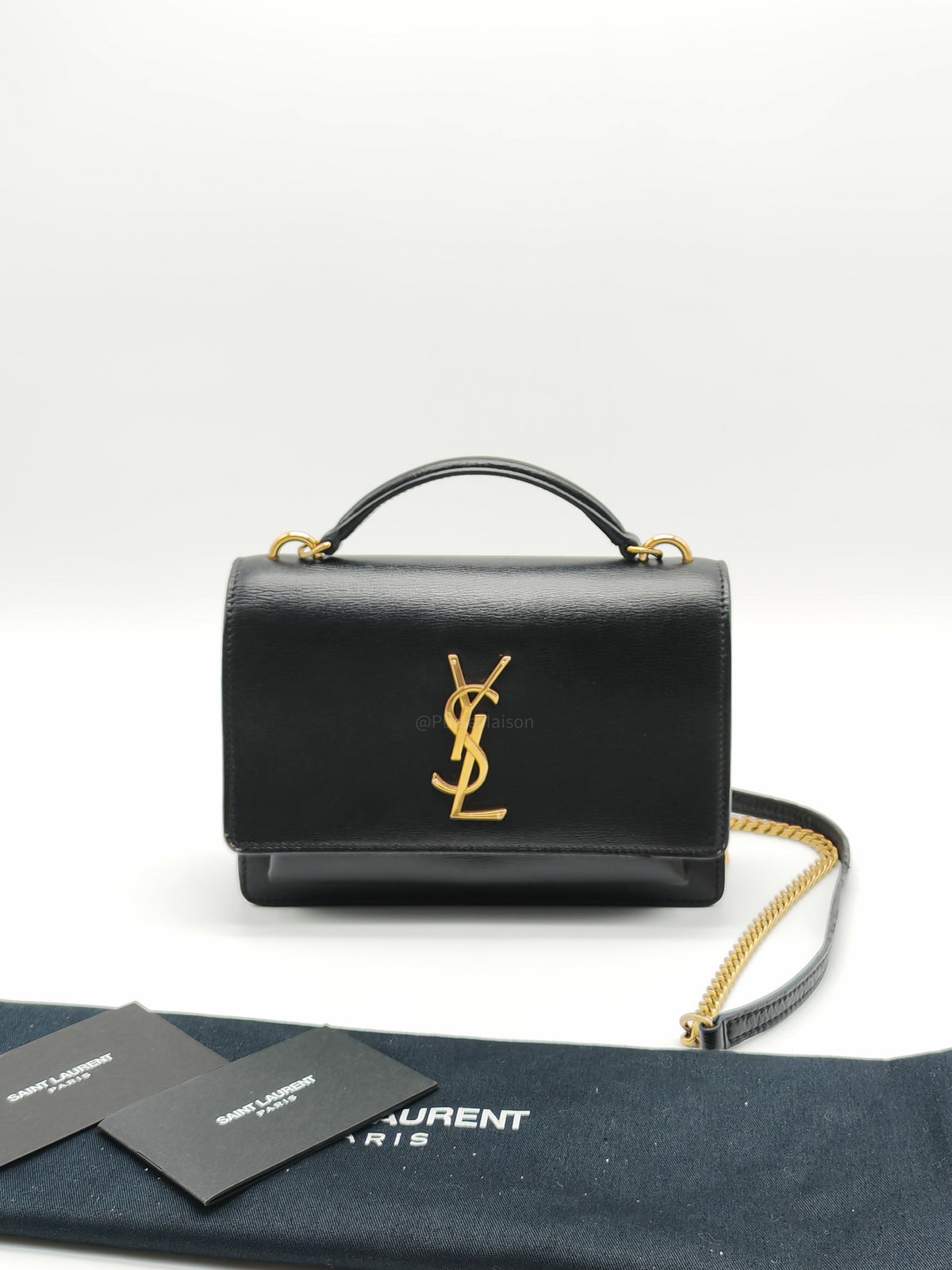 Yves Saint Laurent Sunset Mini Top Handle Bag in Black Calfskin Leather and Gold Hardware