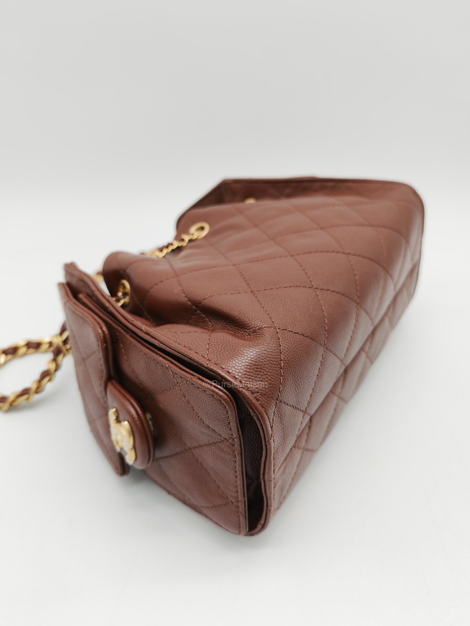 Chanel 25 Mini Chocolate Brown Caviar Leather and Aged Gold Hardware Microchip