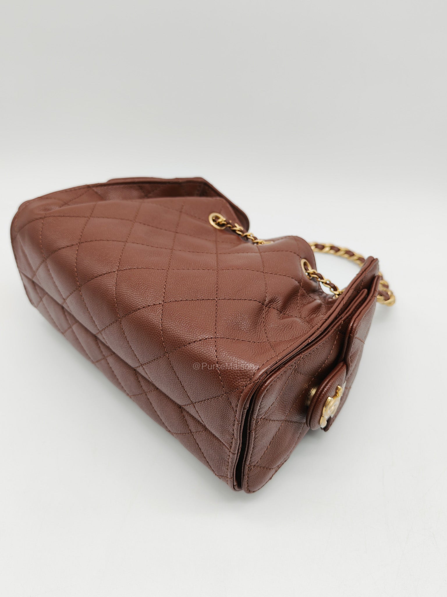 Chanel 25 Mini Chocolate Brown Caviar Leather and Aged Gold Hardware Microchip