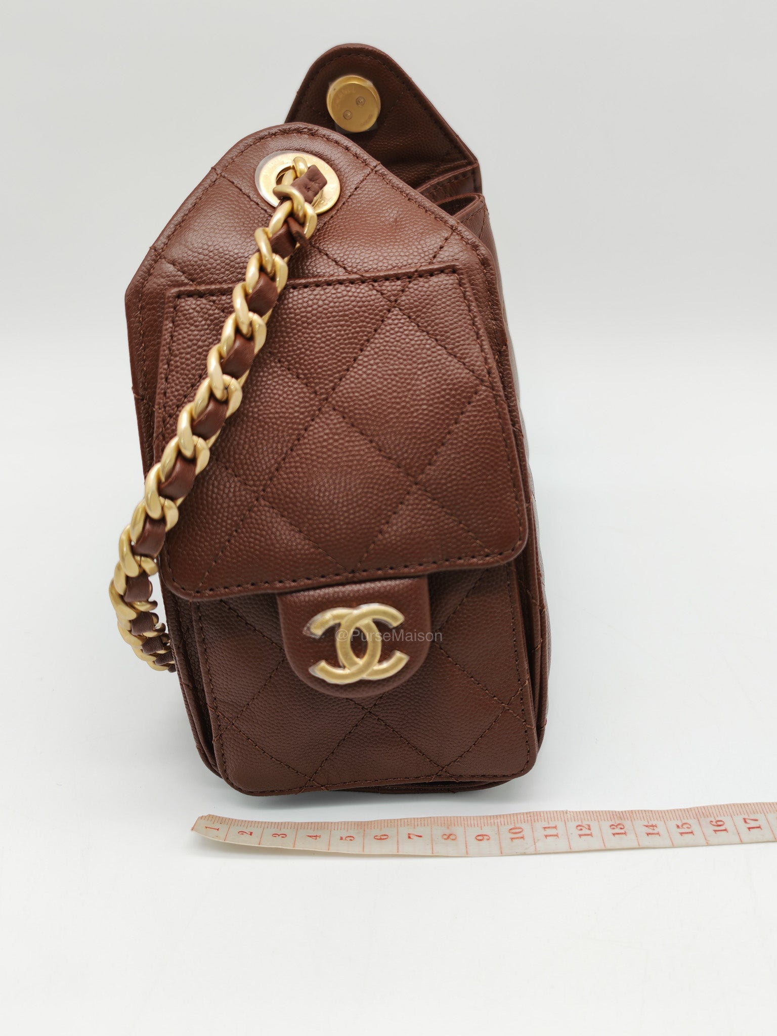 Chanel 25 Mini Chocolate Brown Caviar Leather and Aged Gold Hardware Microchip