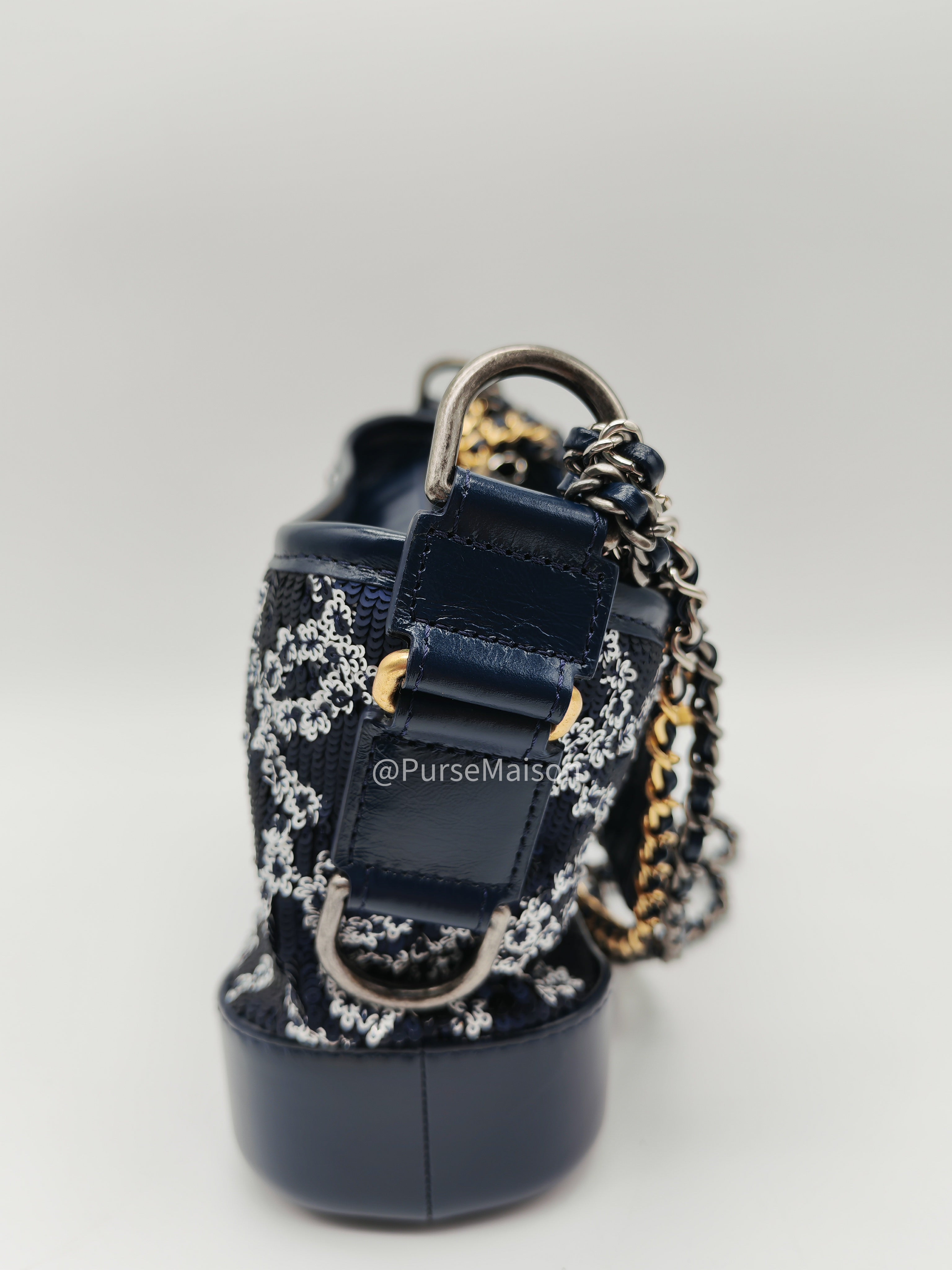 Chanel Gabrielle Hobo Bag Small in Sequin Logo Motif Navy Blue/White Mix Hardware (Series 27)