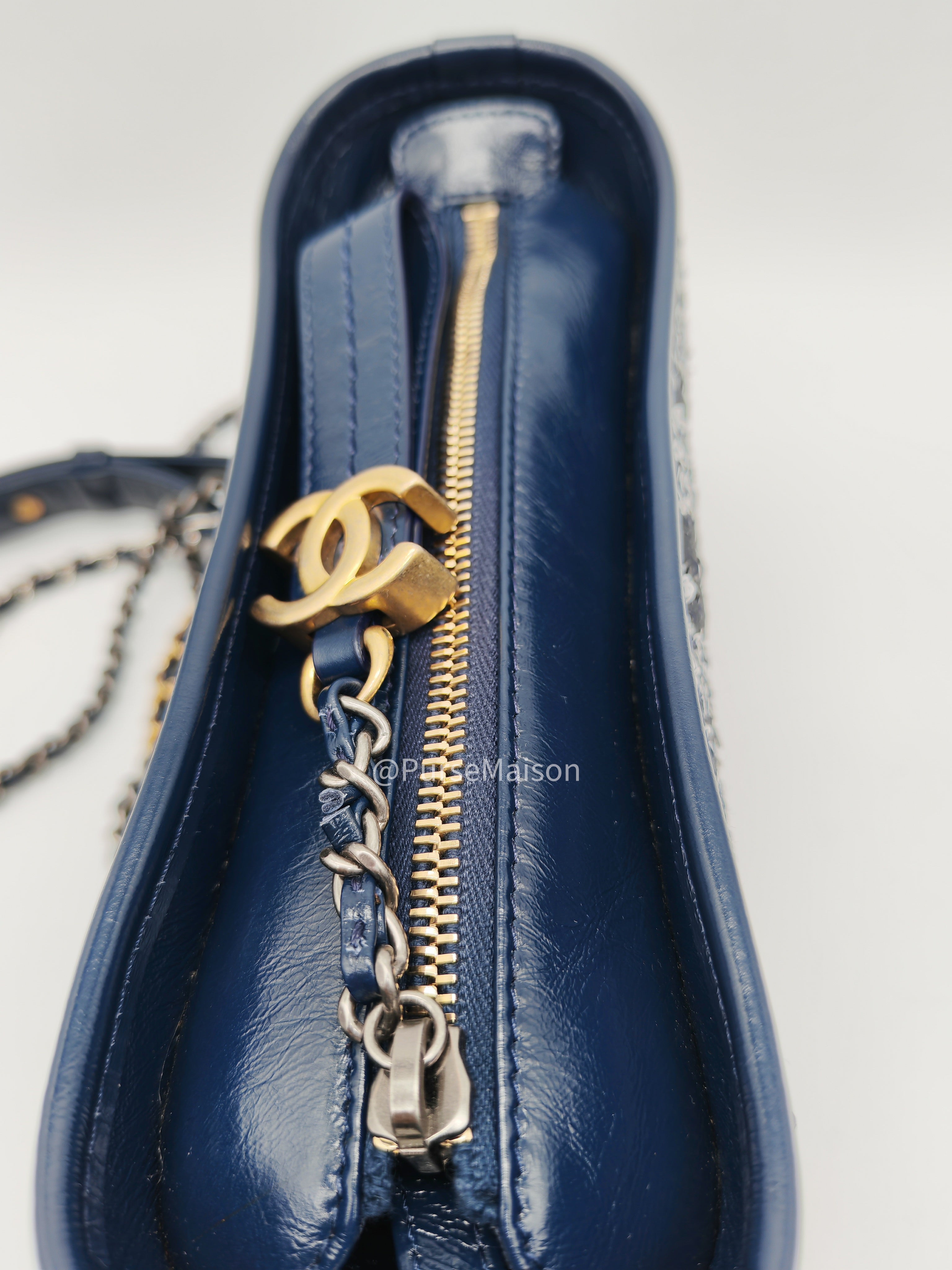 Chanel Gabrielle Hobo Bag Small in Sequin Logo Motif Navy Blue/White Mix Hardware (Series 27)