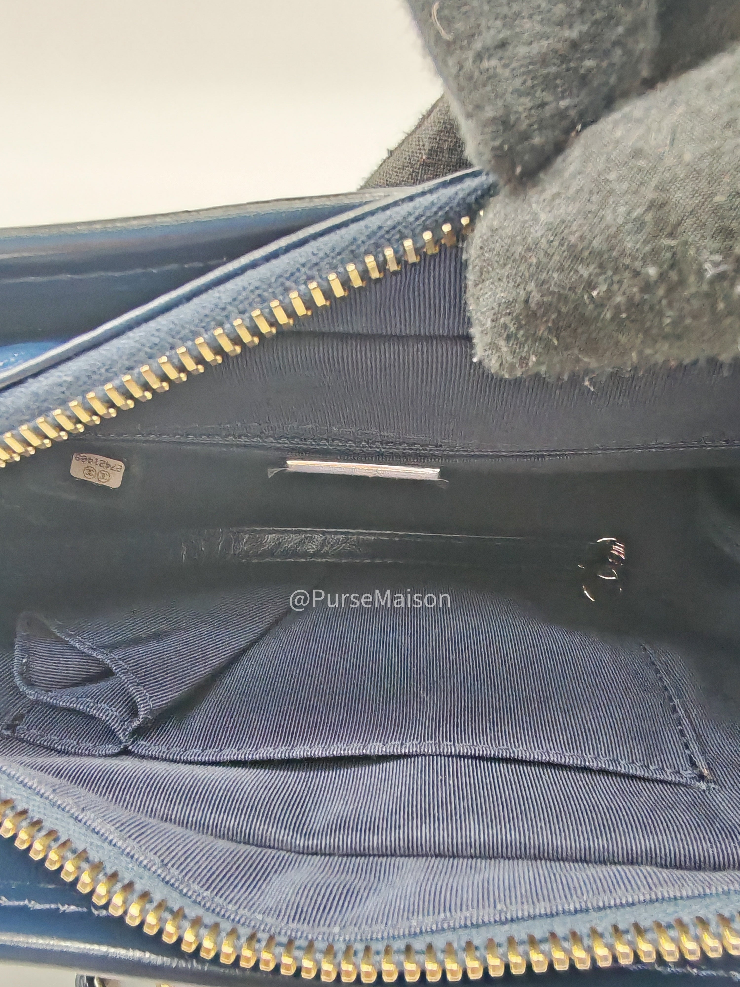 Chanel Gabrielle Hobo Bag Small in Sequin Logo Motif Navy Blue/White Mix Hardware (Series 27)
