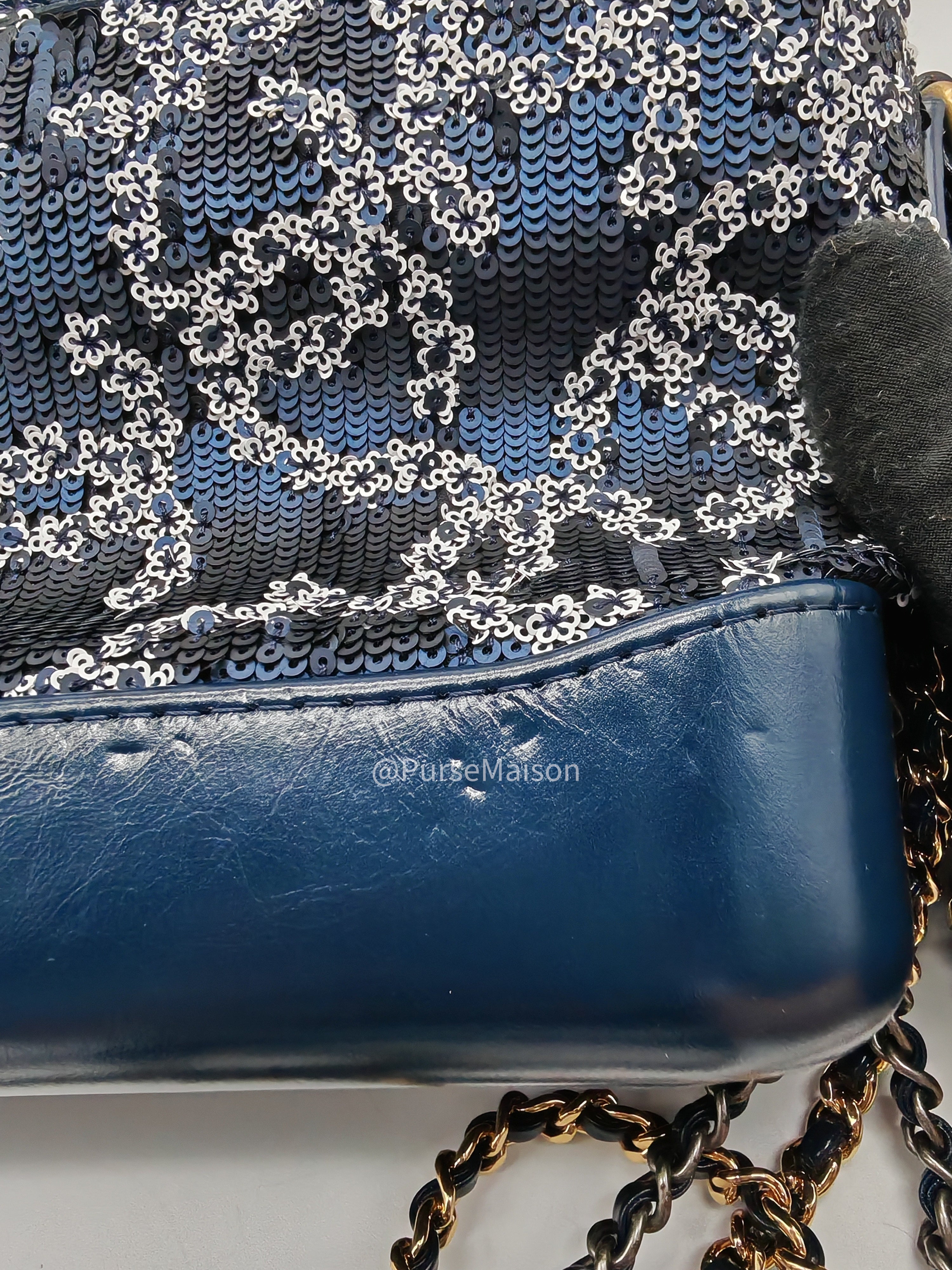 Chanel Gabrielle Hobo Bag Small in Sequin Logo Motif Navy Blue/White Mix Hardware (Series 27)