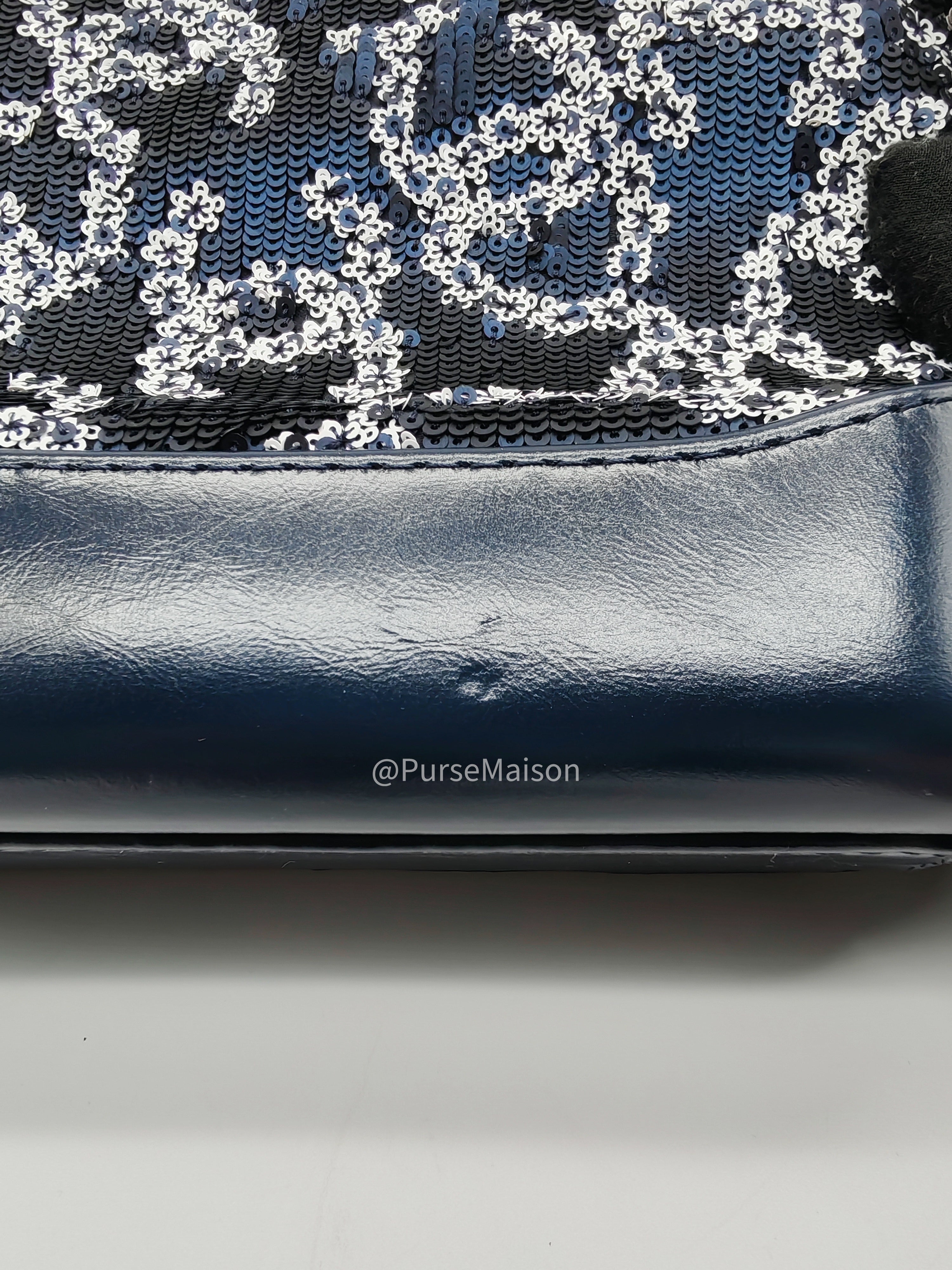 Chanel Gabrielle Hobo Bag Small in Sequin Logo Motif Navy Blue/White Mix Hardware (Series 27)