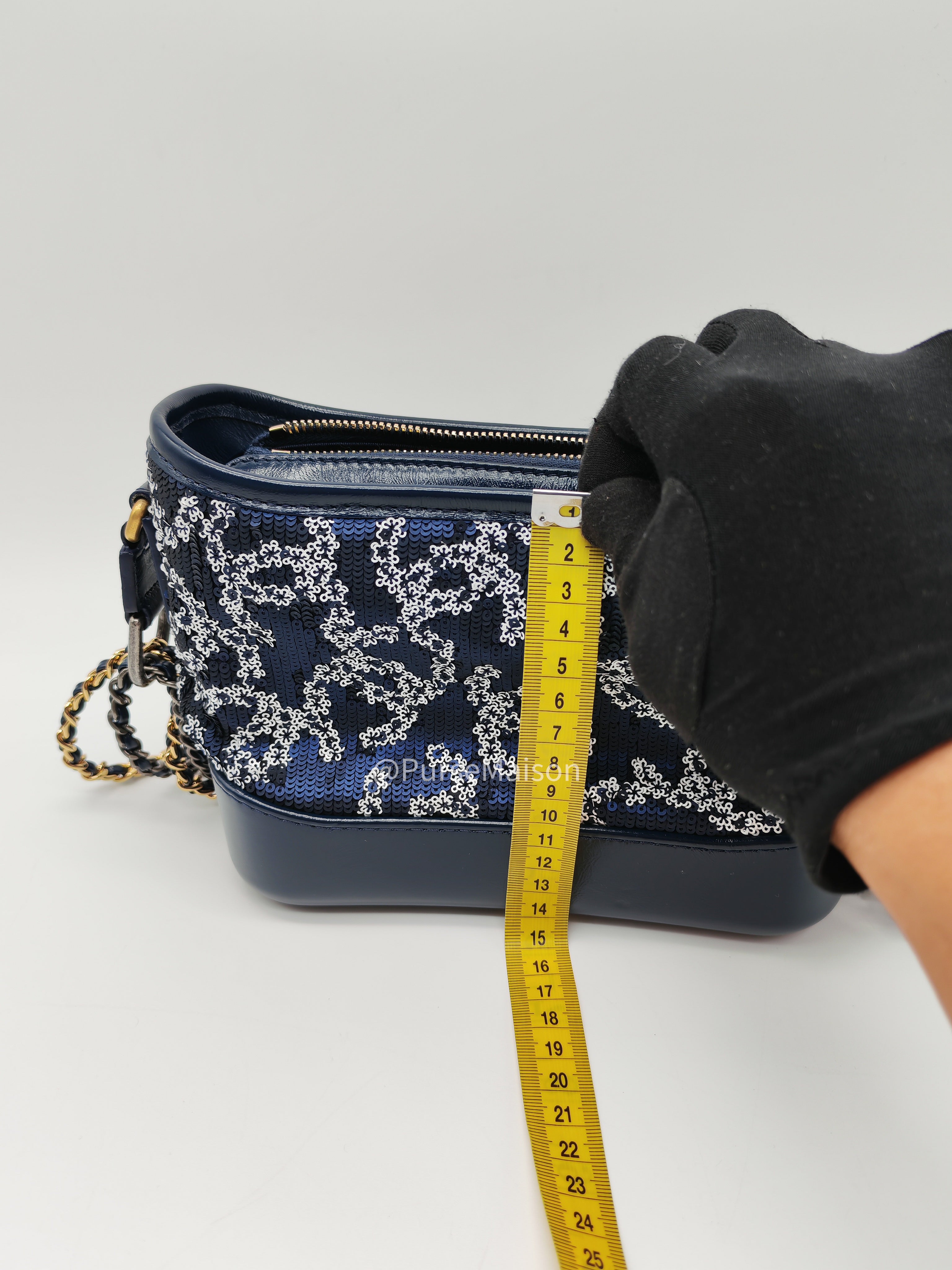 Chanel Gabrielle Hobo Bag Small in Sequin Logo Motif Navy Blue/White Mix Hardware (Series 27)