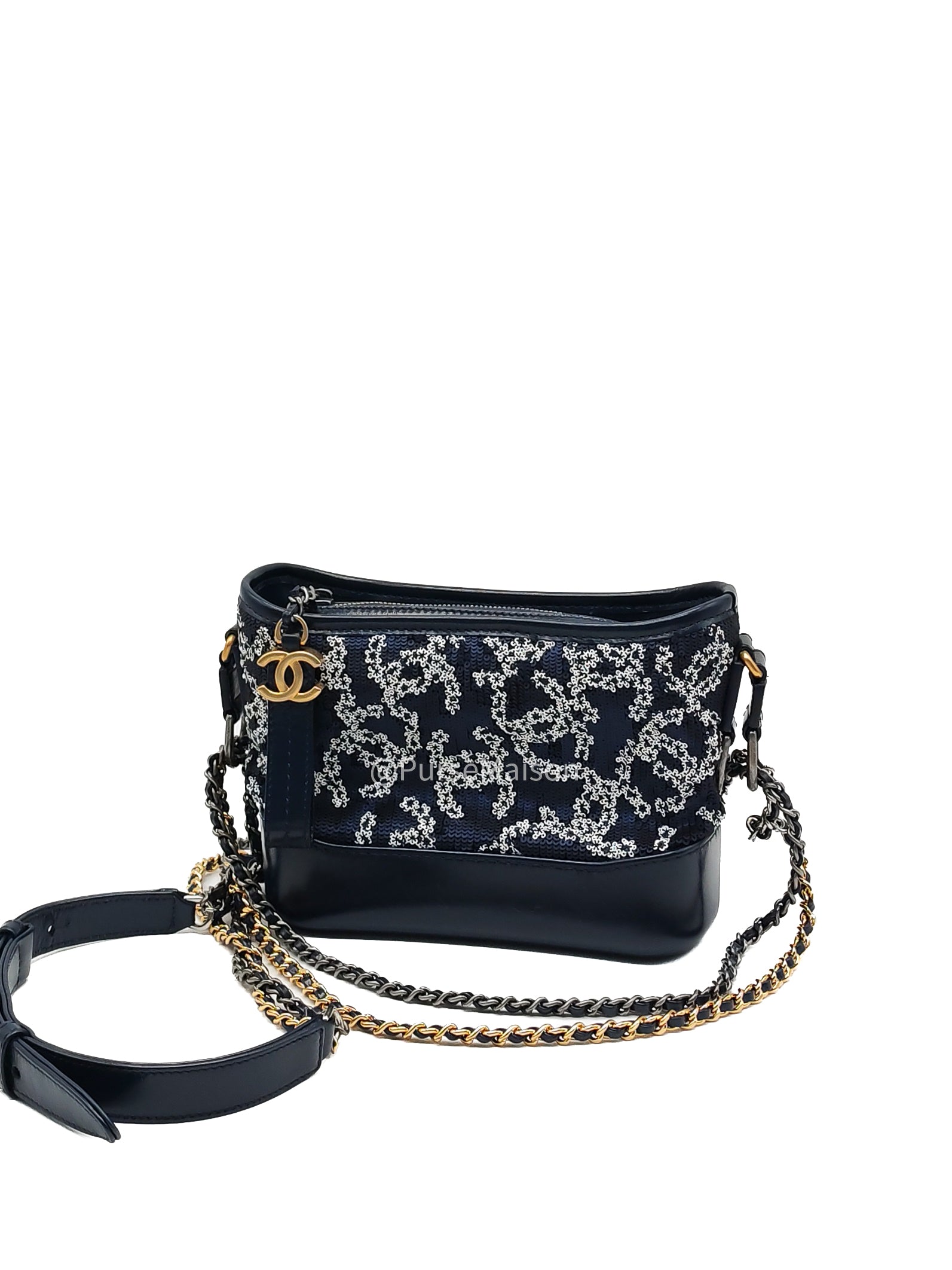 Chanel Gabrielle Hobo Bag Small in Sequin Logo Motif Navy Blue/White Mix Hardware (Series 27)