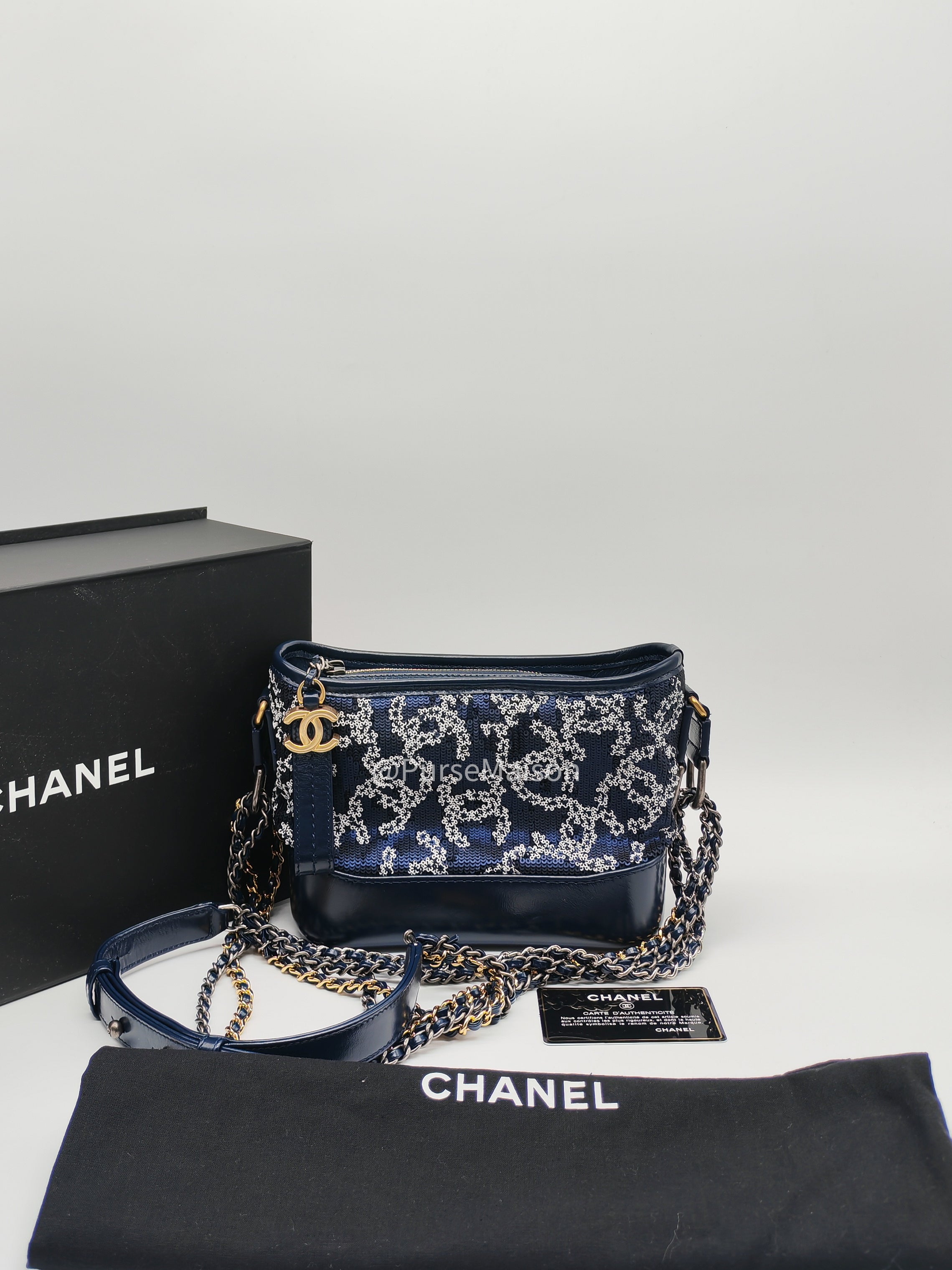 Chanel Gabrielle Hobo Bag Small in Sequin Logo Motif Navy Blue/White Mix Hardware (Series 27)