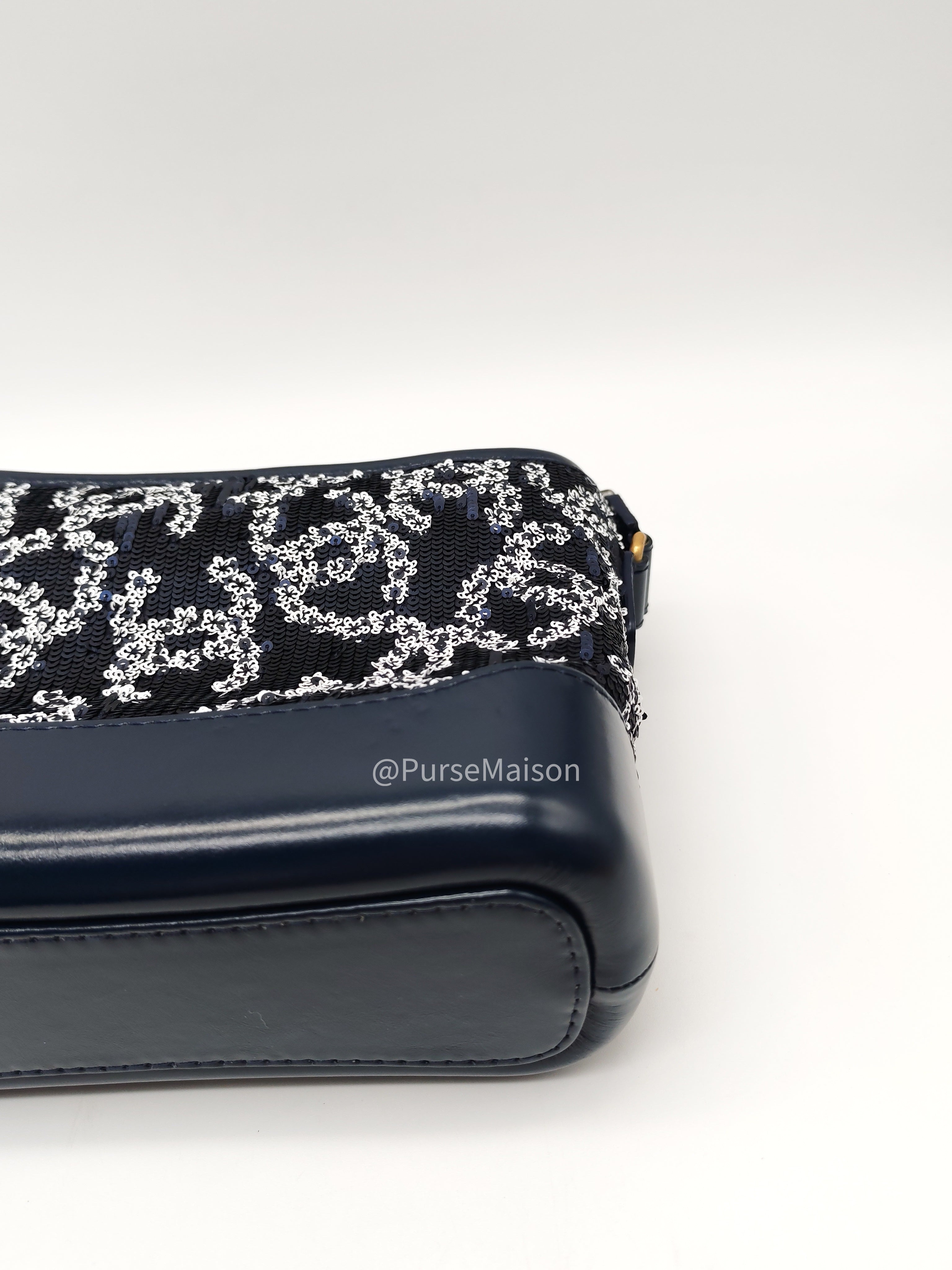 Chanel Gabrielle Hobo Bag Small in Sequin Logo Motif Navy Blue/White Mix Hardware (Series 27)