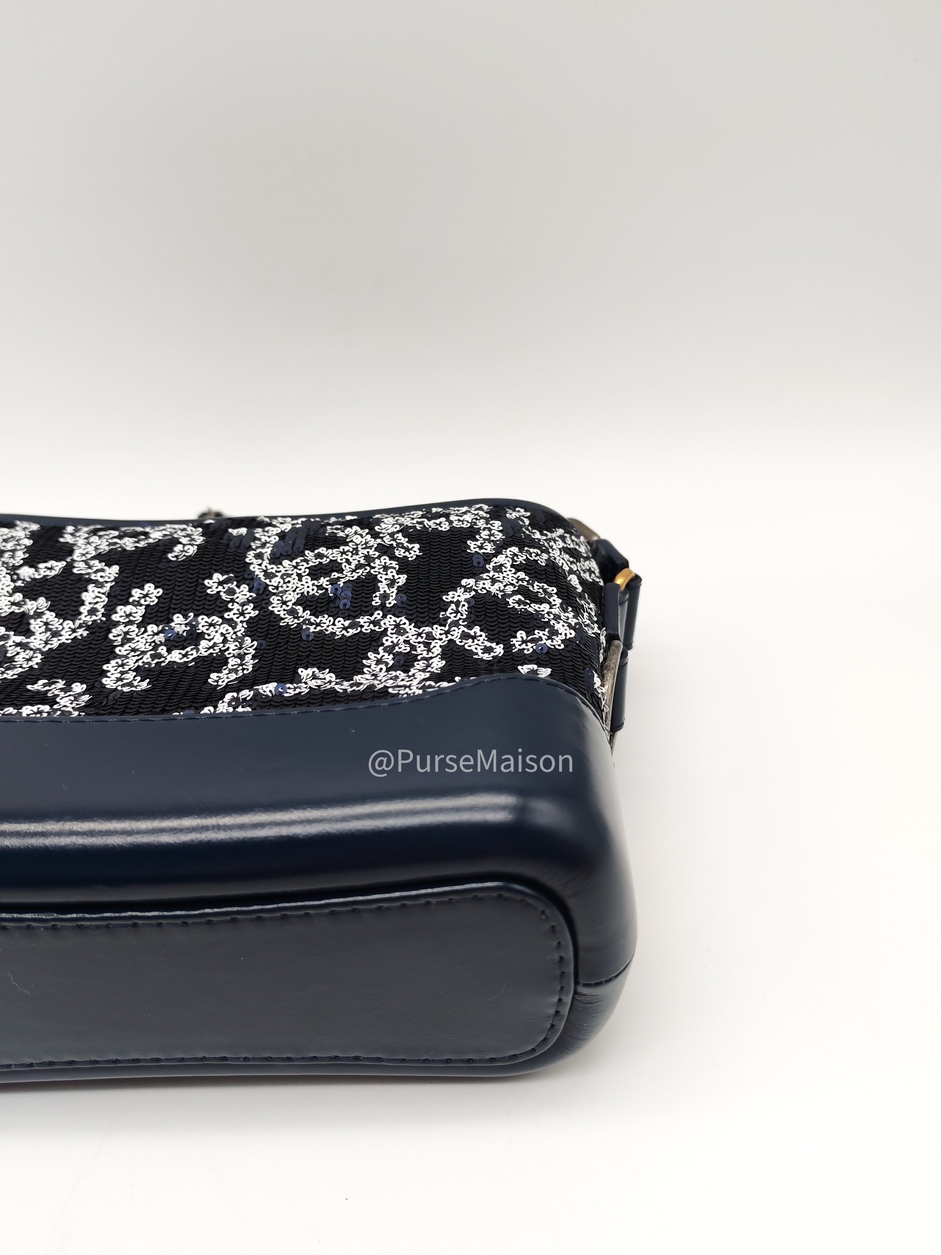 Chanel Gabrielle Hobo Bag Small in Sequin Logo Motif Navy Blue/White Mix Hardware (Series 27)