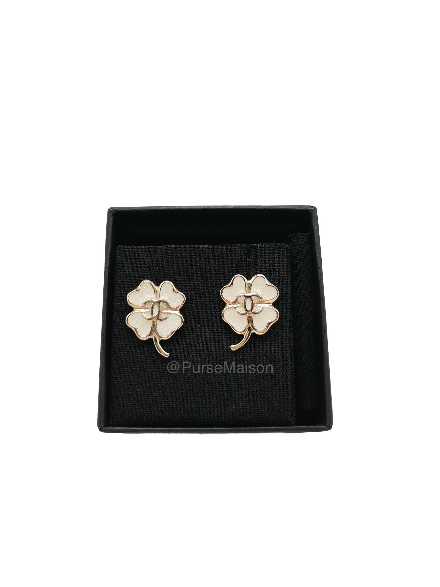 Chanel White Enamel Four-Leaf Clover CC Earrings
