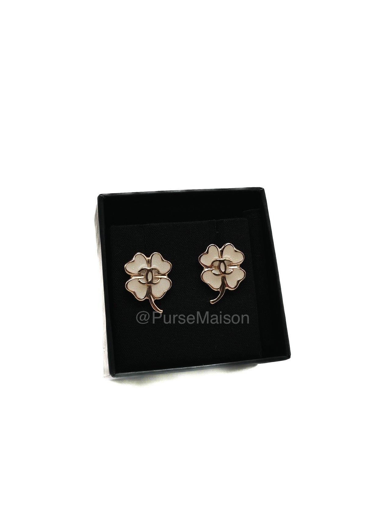 Chanel White Enamel Four-Leaf Clover CC Earrings