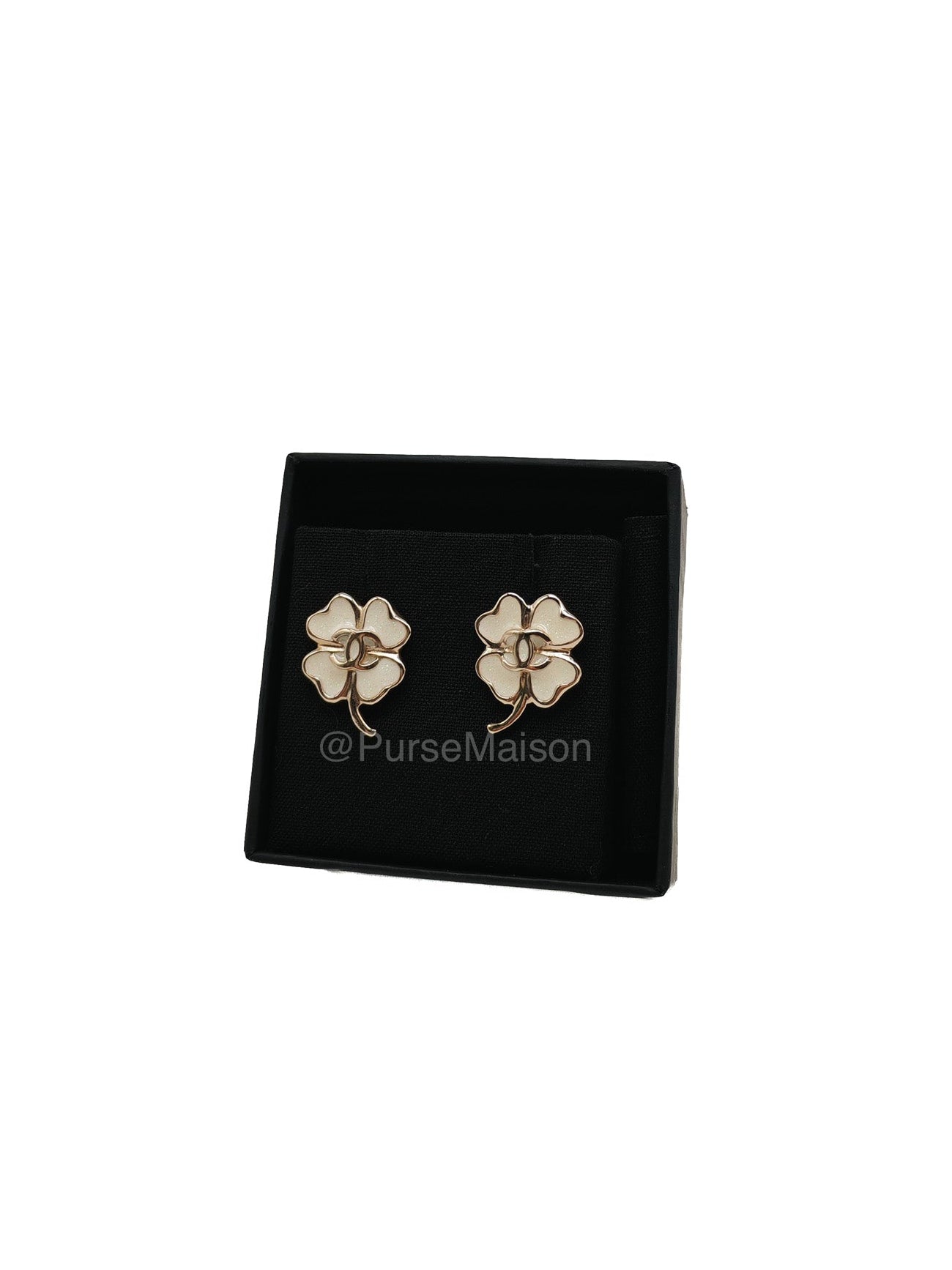 Chanel White Enamel Four-Leaf Clover CC Earrings