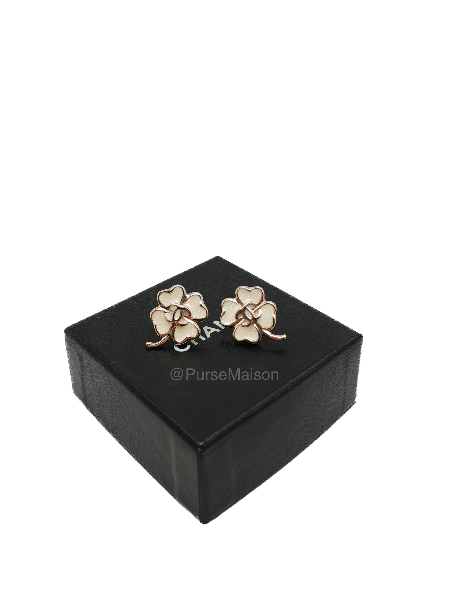Chanel White Enamel Four-Leaf Clover CC Earrings