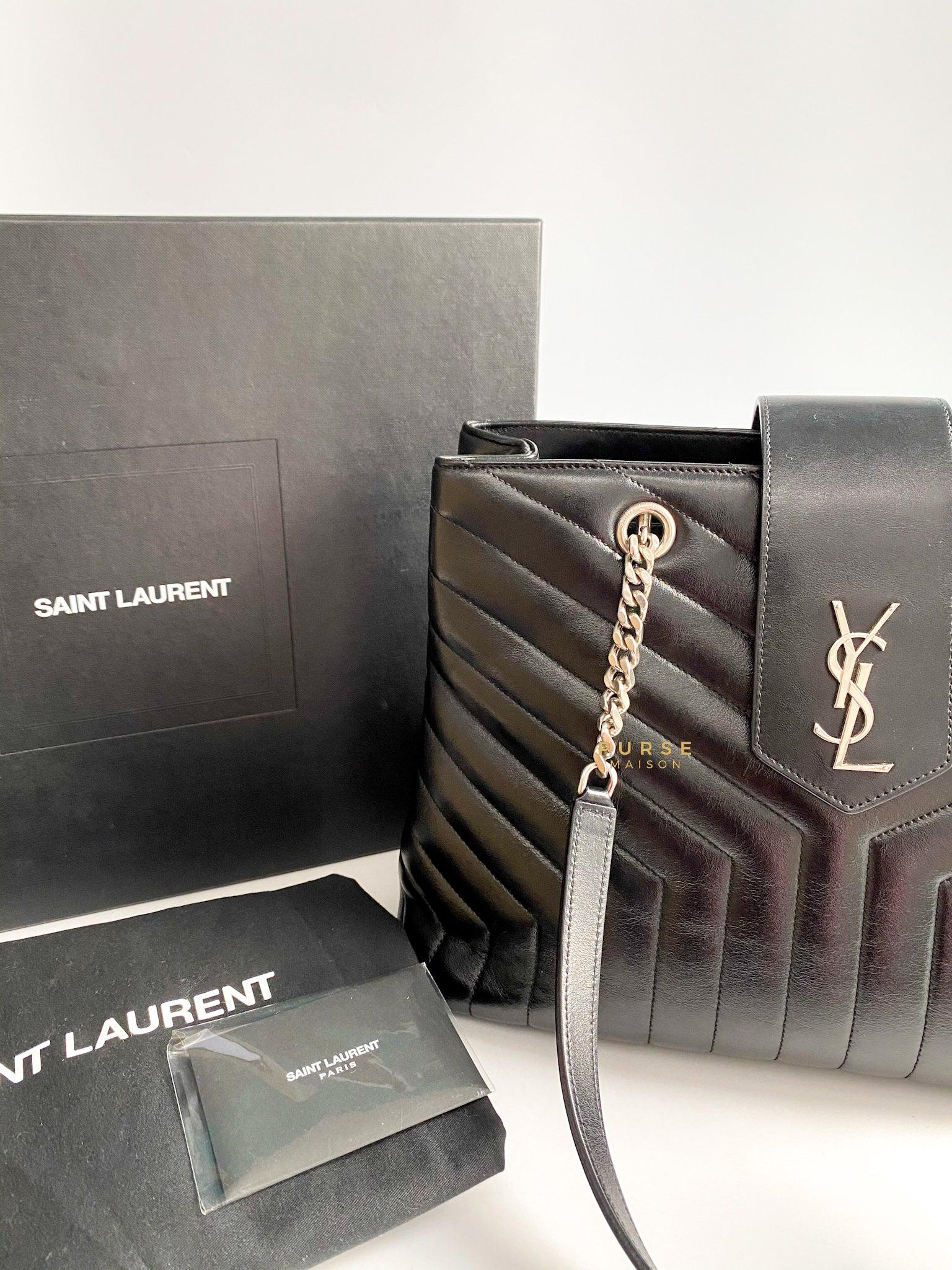 YSL Loulou Large Tote Bag in Black Quilted Y Leather and Silver Hardware