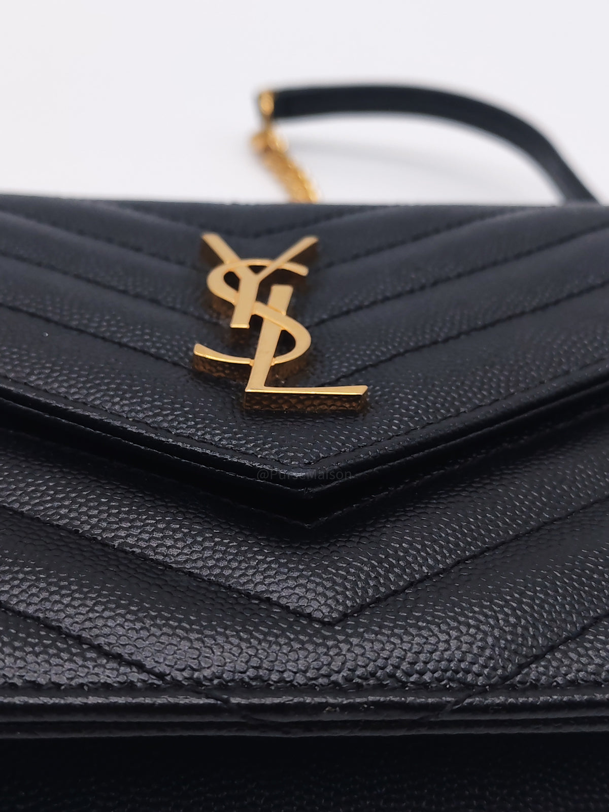 Yves Saint Laurent Portefeuille Wallet on Chain in Black Chevron Graine De Poudre Leather Gold Hardware