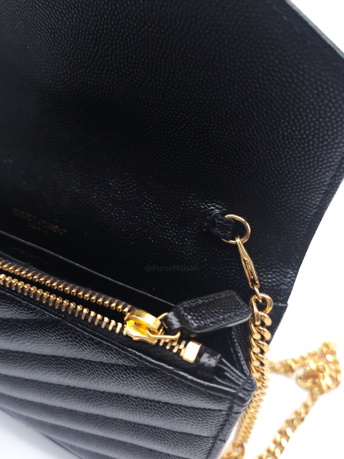 Yves Saint Laurent Portefeuille Wallet on Chain in Black Chevron Graine De Poudre Leather Gold Hardware