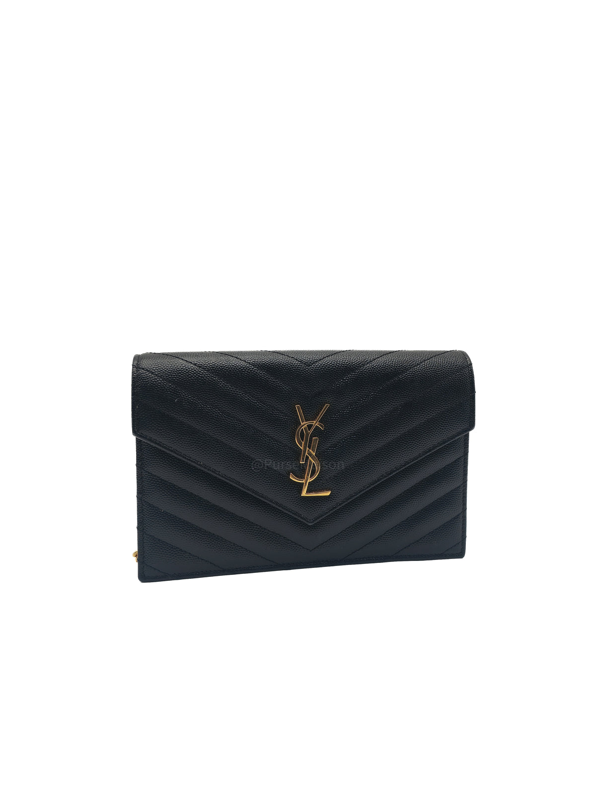 Yves Saint Laurent Portefeuille Wallet on Chain in Black Chevron Graine De Poudre Leather Gold Hardware