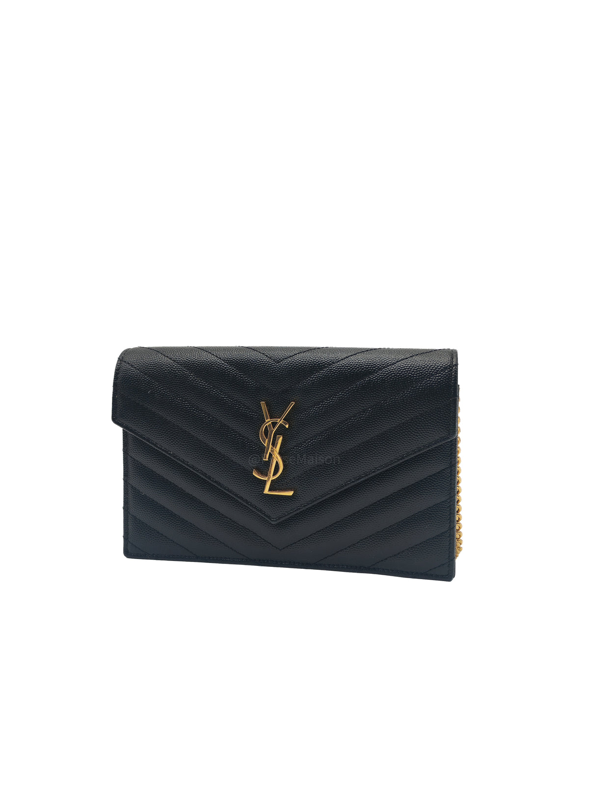 Yves Saint Laurent Portefeuille Wallet on Chain in Black Chevron Graine De Poudre Leather Gold Hardware