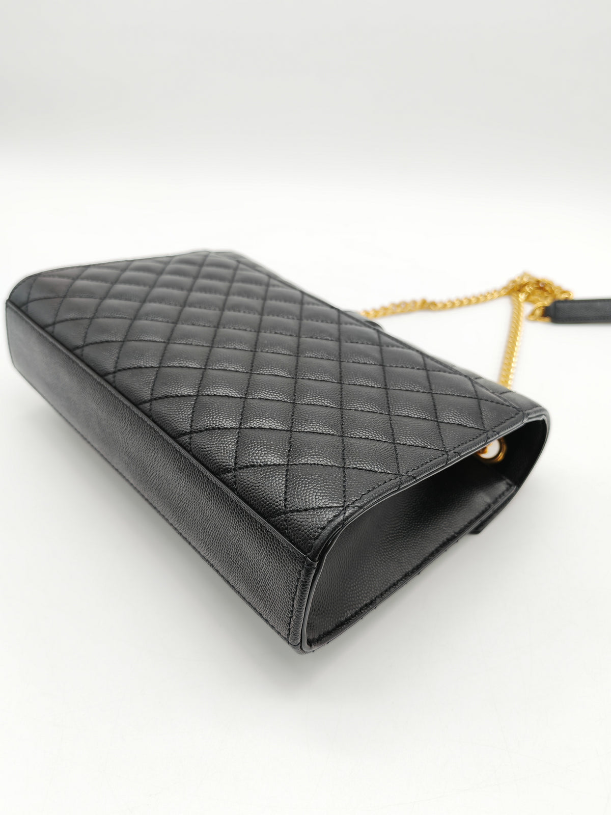 Yves Saint Laurent Envelope Shoulder Bag Medium in Black Quilted Grained de Poudre Embossed Leather and Gold Hardware