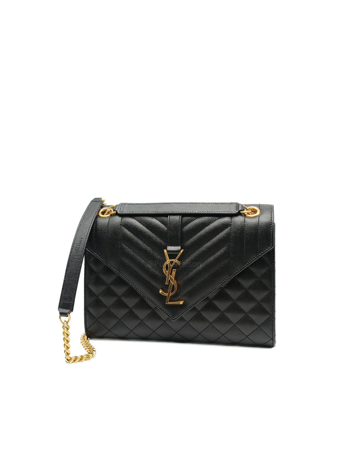 Yves Saint Laurent Envelope Shoulder Bag Medium in Black Quilted Grained de Poudre Embossed Leather and Gold Hardware