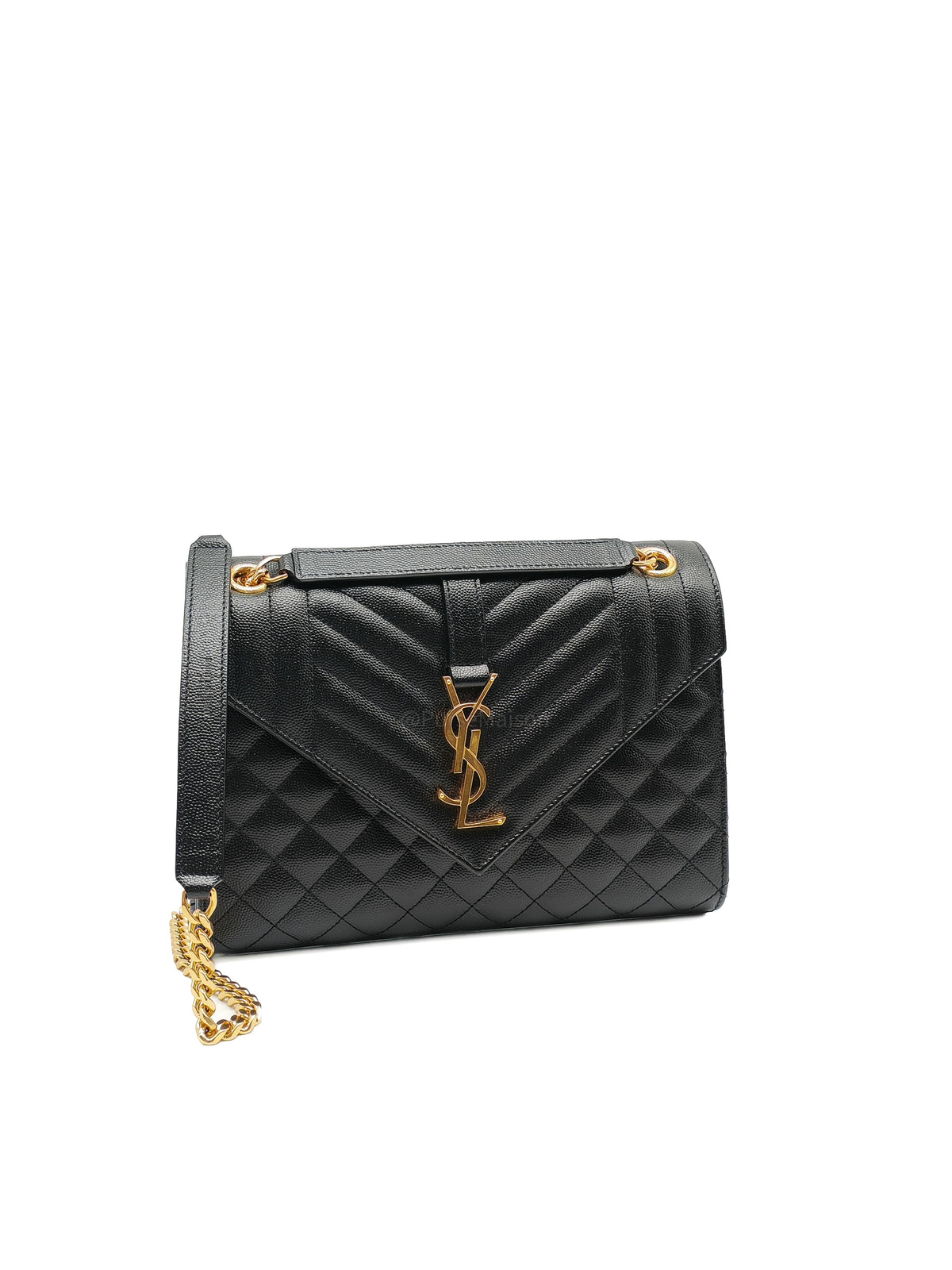 Yves Saint Laurent Envelope Shoulder Bag Medium in Black Quilted Grained de Poudre Embossed Leather and Gold Hardware