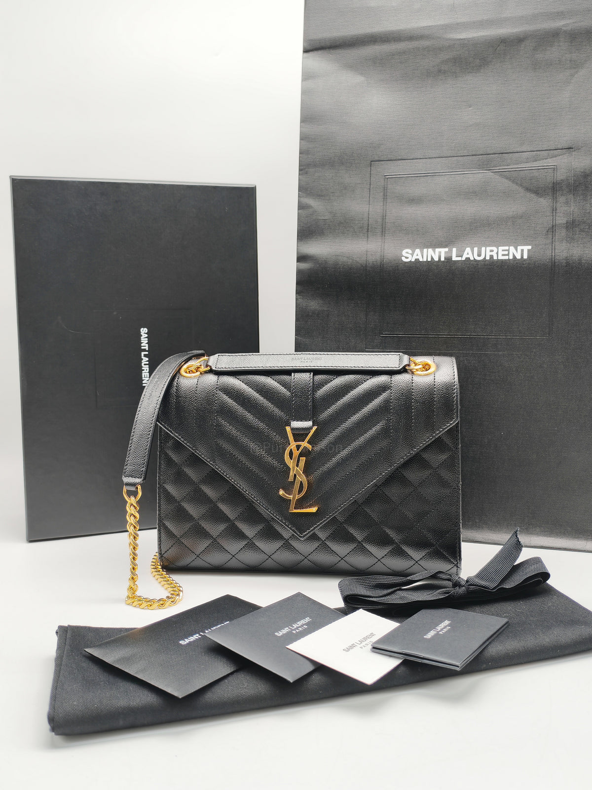 Yves Saint Laurent Envelope Shoulder Bag Medium in Black Quilted Grained de Poudre Embossed Leather and Gold Hardware
