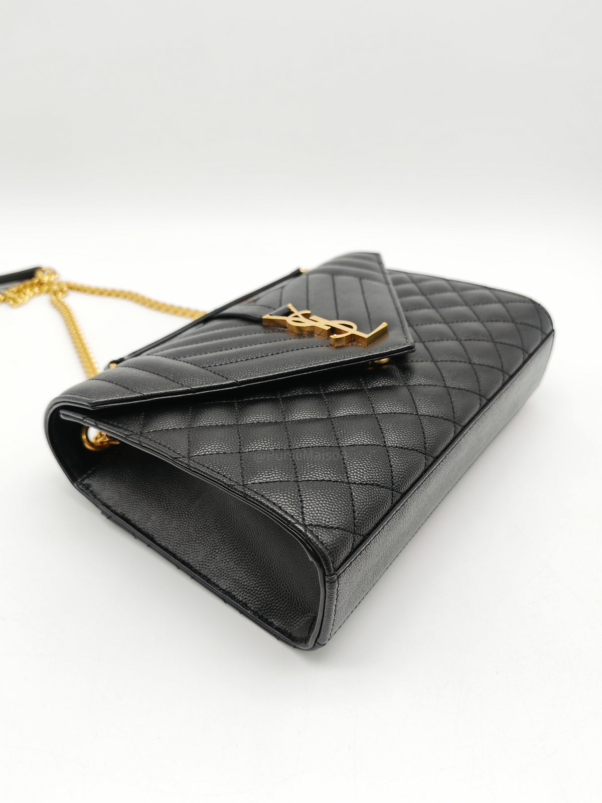 Yves Saint Laurent Envelope Shoulder Bag Medium in Black Quilted Grained de Poudre Embossed Leather and Gold Hardware