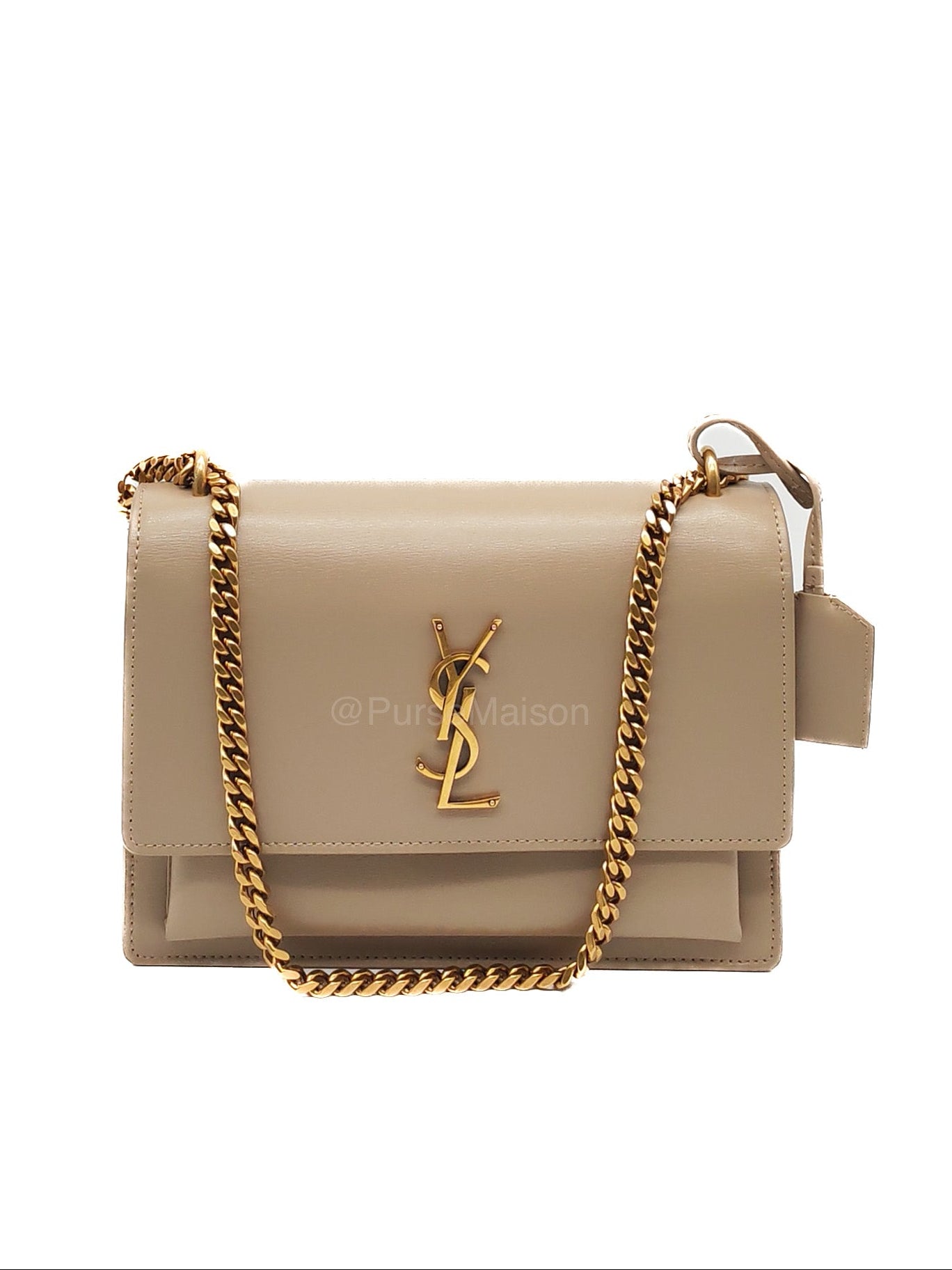 Yves Saint Laurent Sunset Medium in Dark Beige Calfskin Leather and Gold Hardware