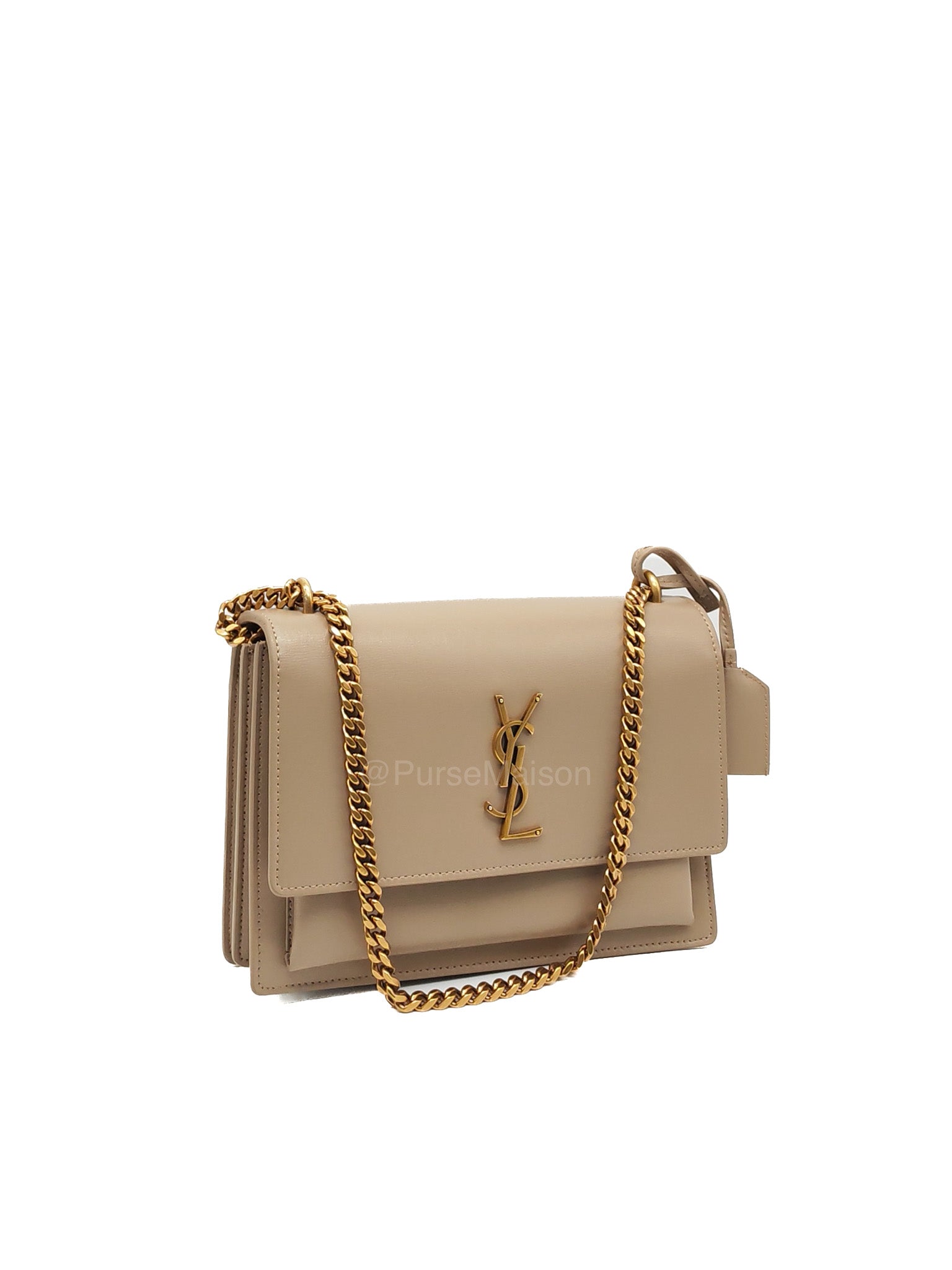 Yves Saint Laurent Sunset Medium in Dark Beige Calfskin Leather and Gold Hardware