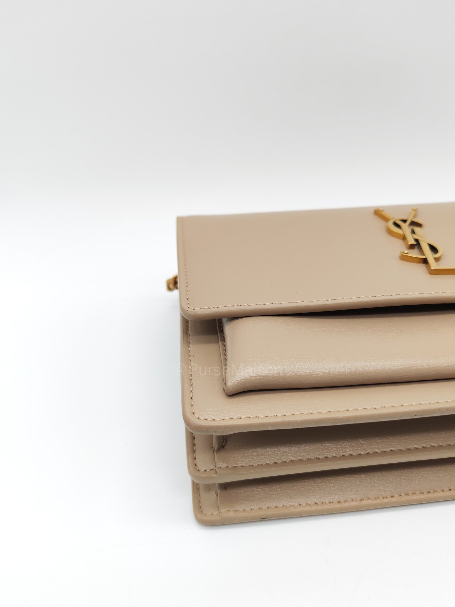 Yves Saint Laurent Sunset Medium in Dark Beige Calfskin Leather and Gold Hardware